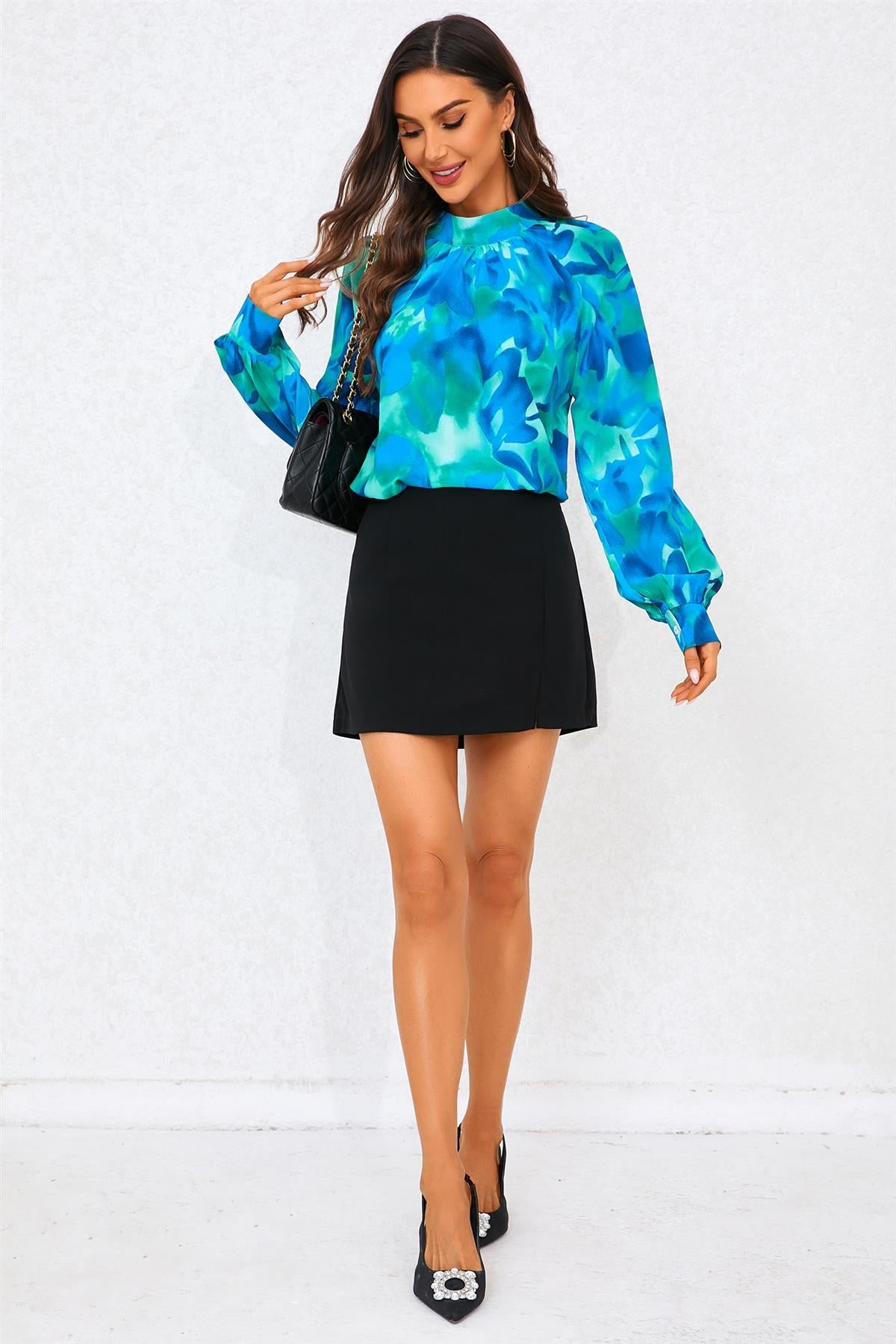 Abstract Floral Print Halter Neck Blouse Top In Blue FS487-BlueFloral