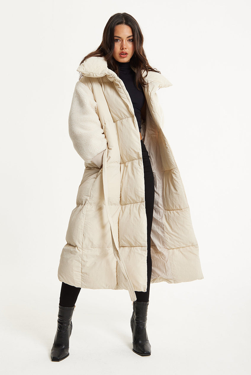 Cream Longline Belted Puffer Coat 25AW-01002