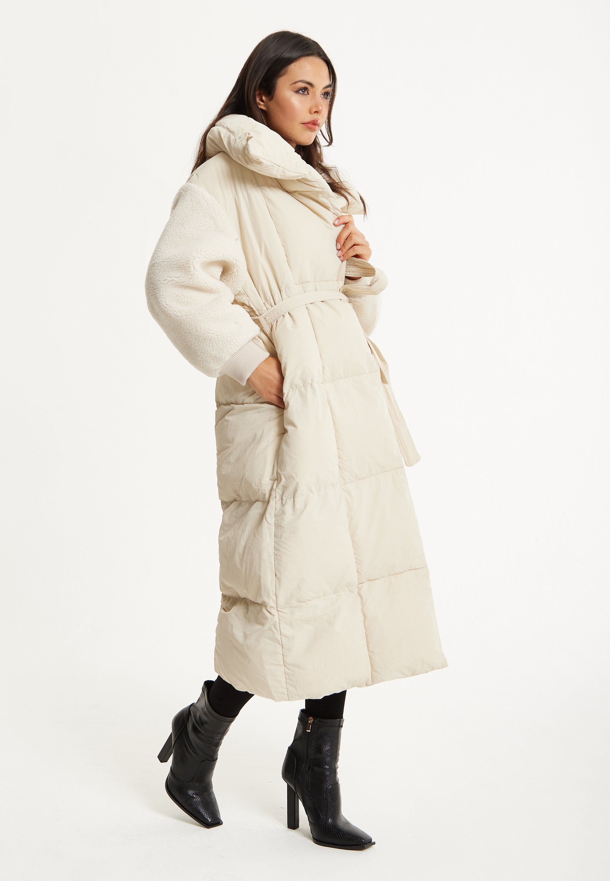 Cream Longline Belted Puffer Coat 25AW-01002
