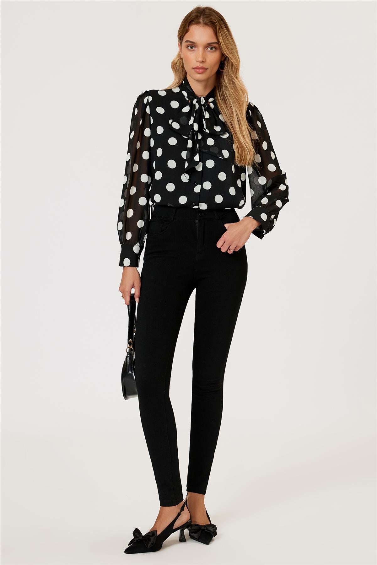 Dot Print Tie Detail Long Sleeve Blouse Top In Black FS625