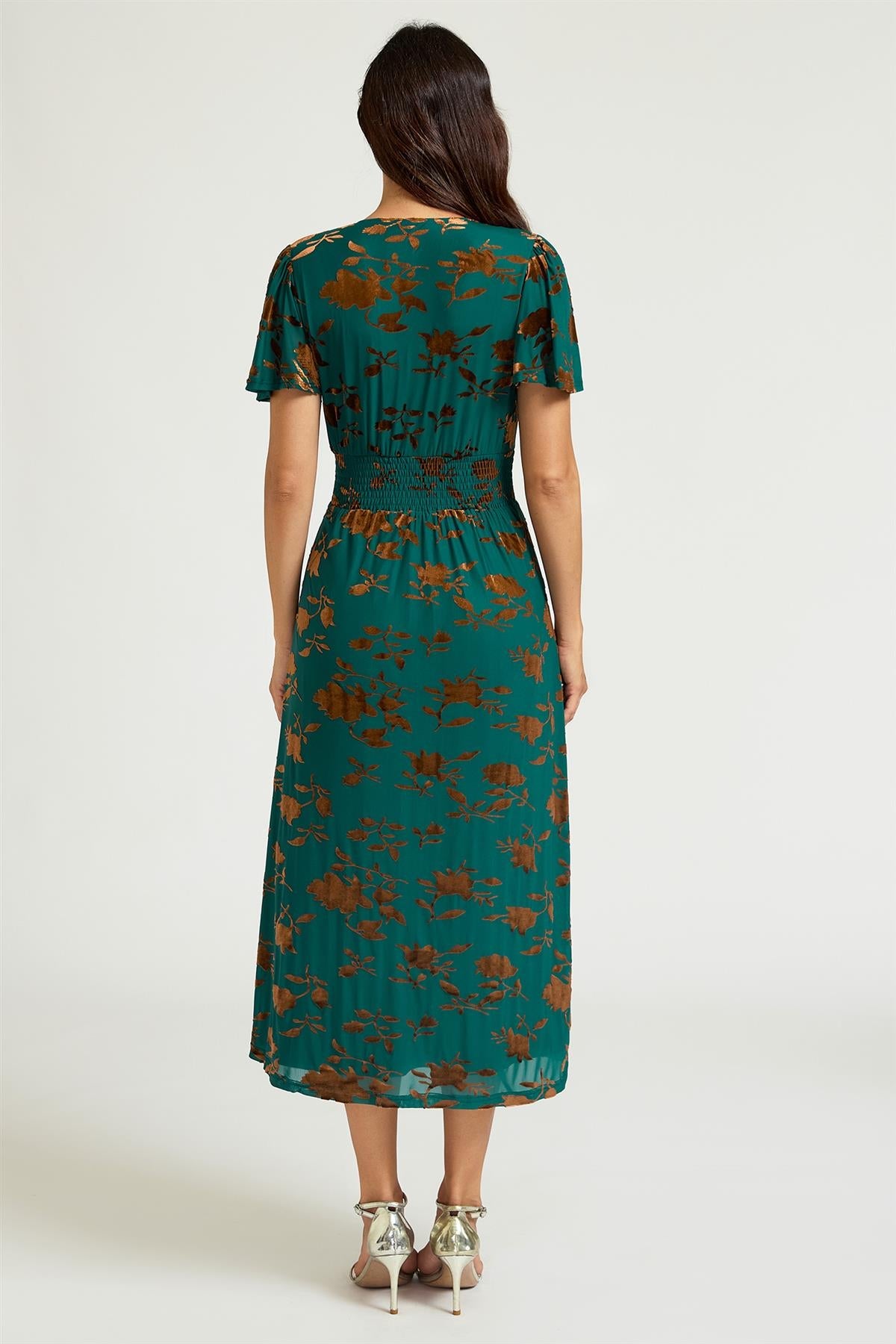 Velvet Flock Short Sleeve Midi Dress In Jade Green FS987