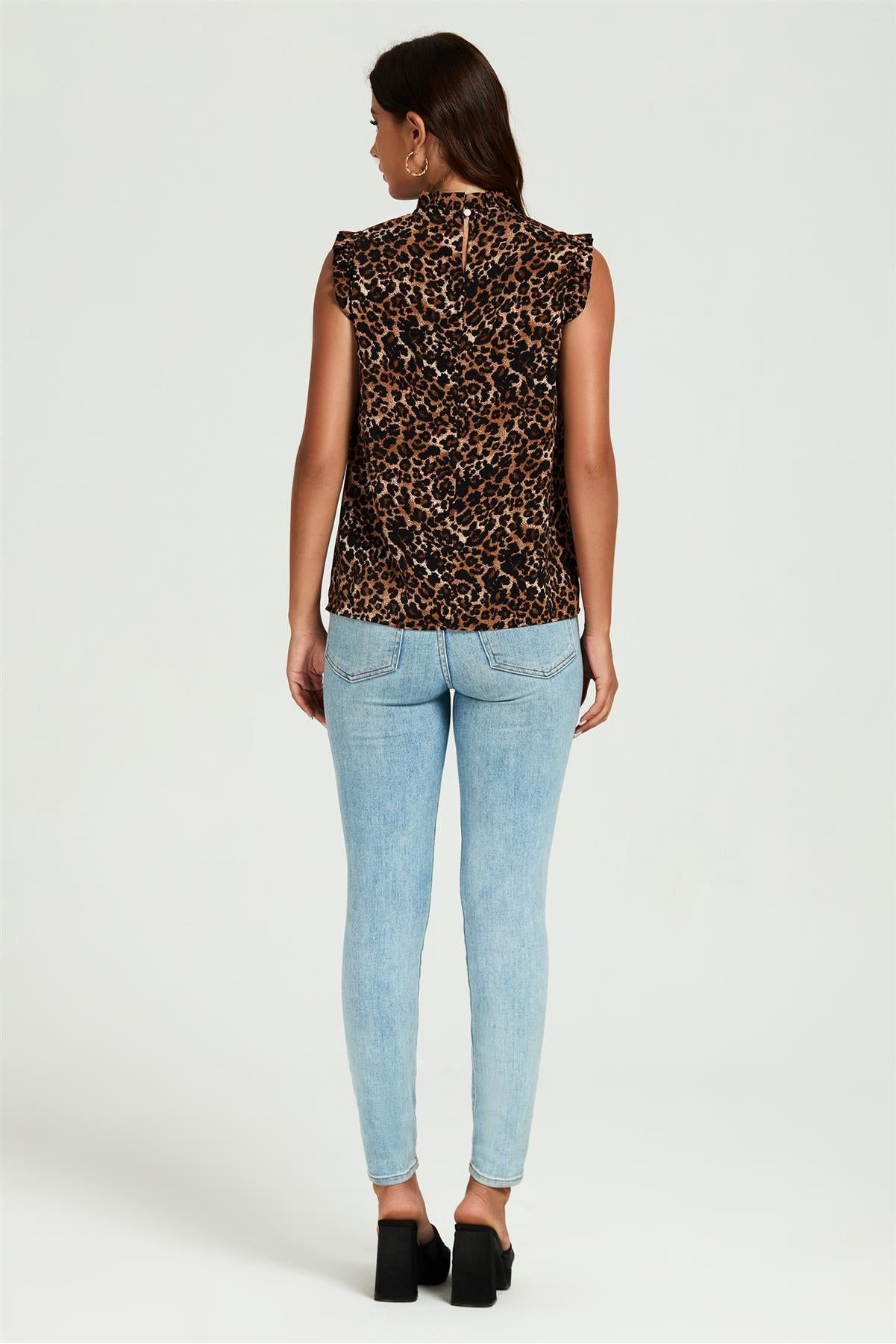 Leopard Print Frill Trim Sleeve Frill Neck Blouse Top In Brown FS816-Leopard