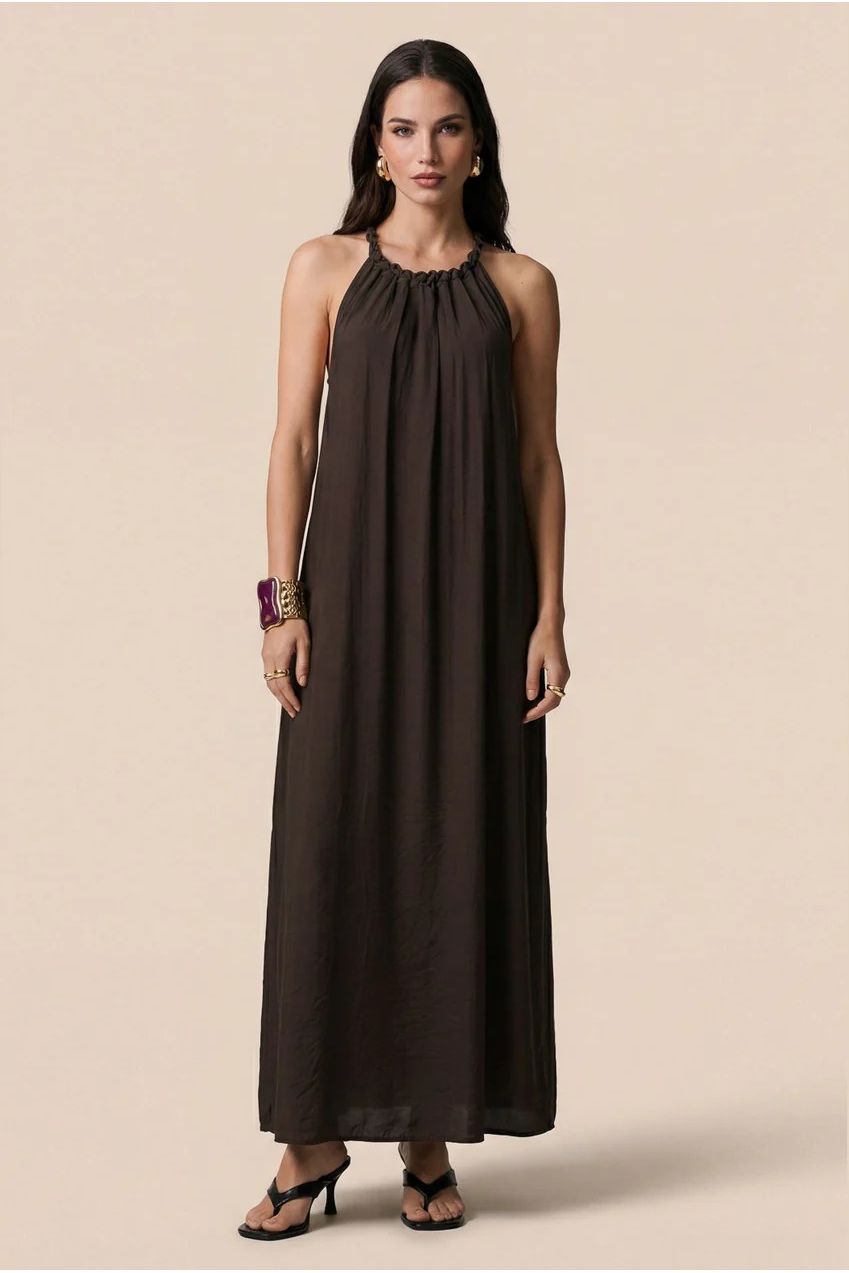 Braided Neck Trim Maxi Dress Khaki 40DRS38825-c33