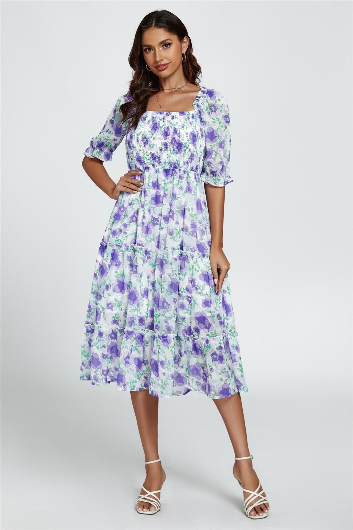 Floral Print Bardot Puff Sleeve Elasticated Detail Midi Dress In White FS362-PWF