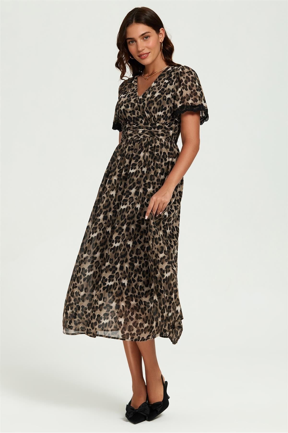 Leopard Print Lace Trim On Sleeve Midi Dress In Brown FS863-LLB