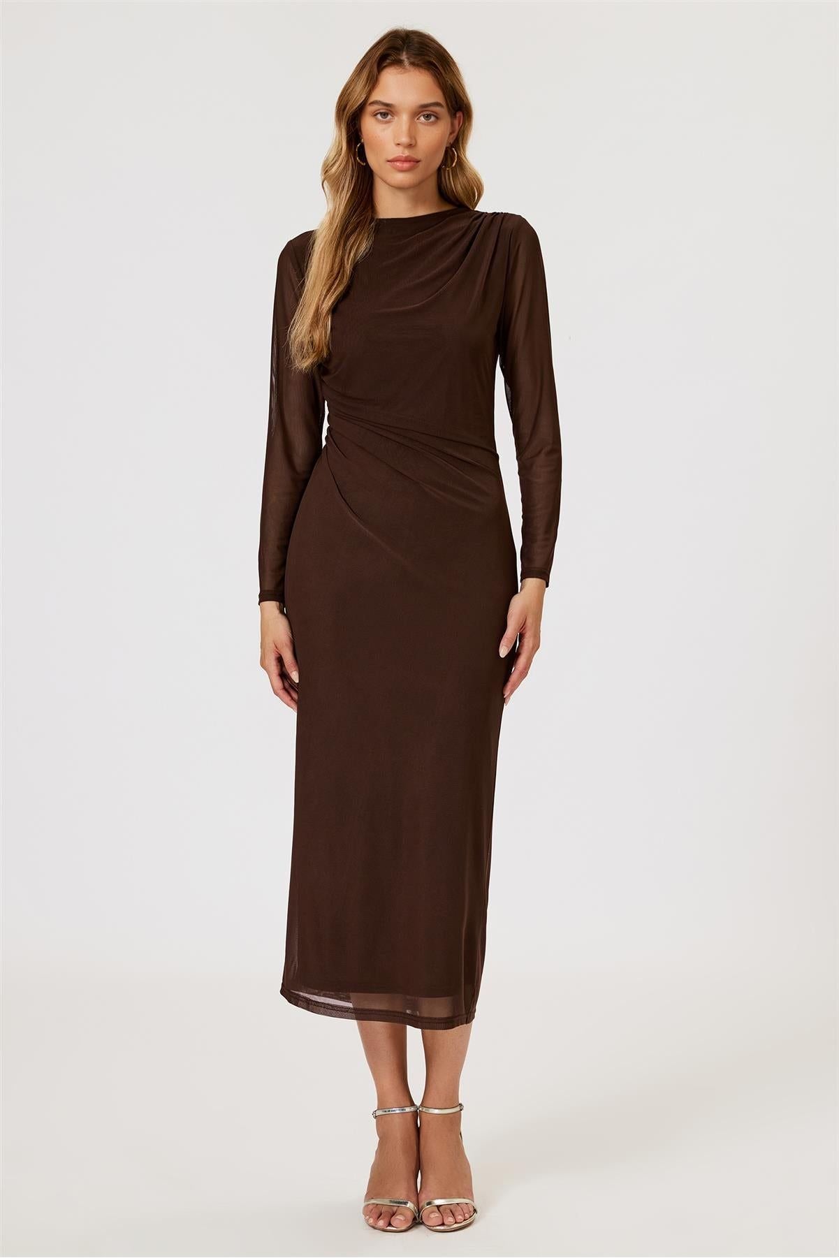 Long Sleeves Mesh Midi Dress In Brown FS776