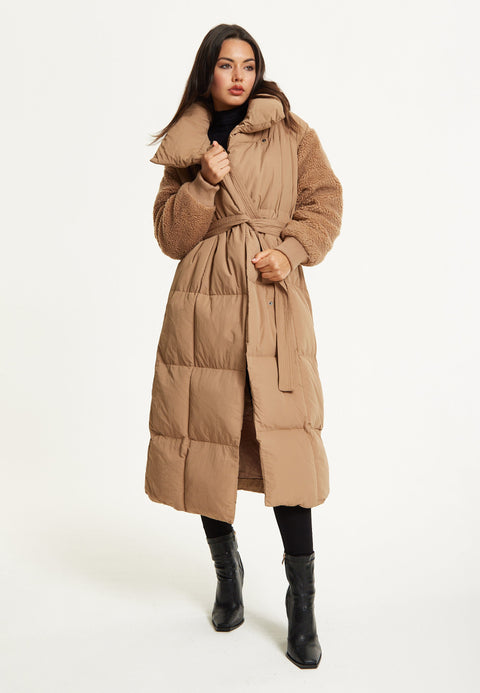 Camel Longline Belted Puffer Coat by Liquorish