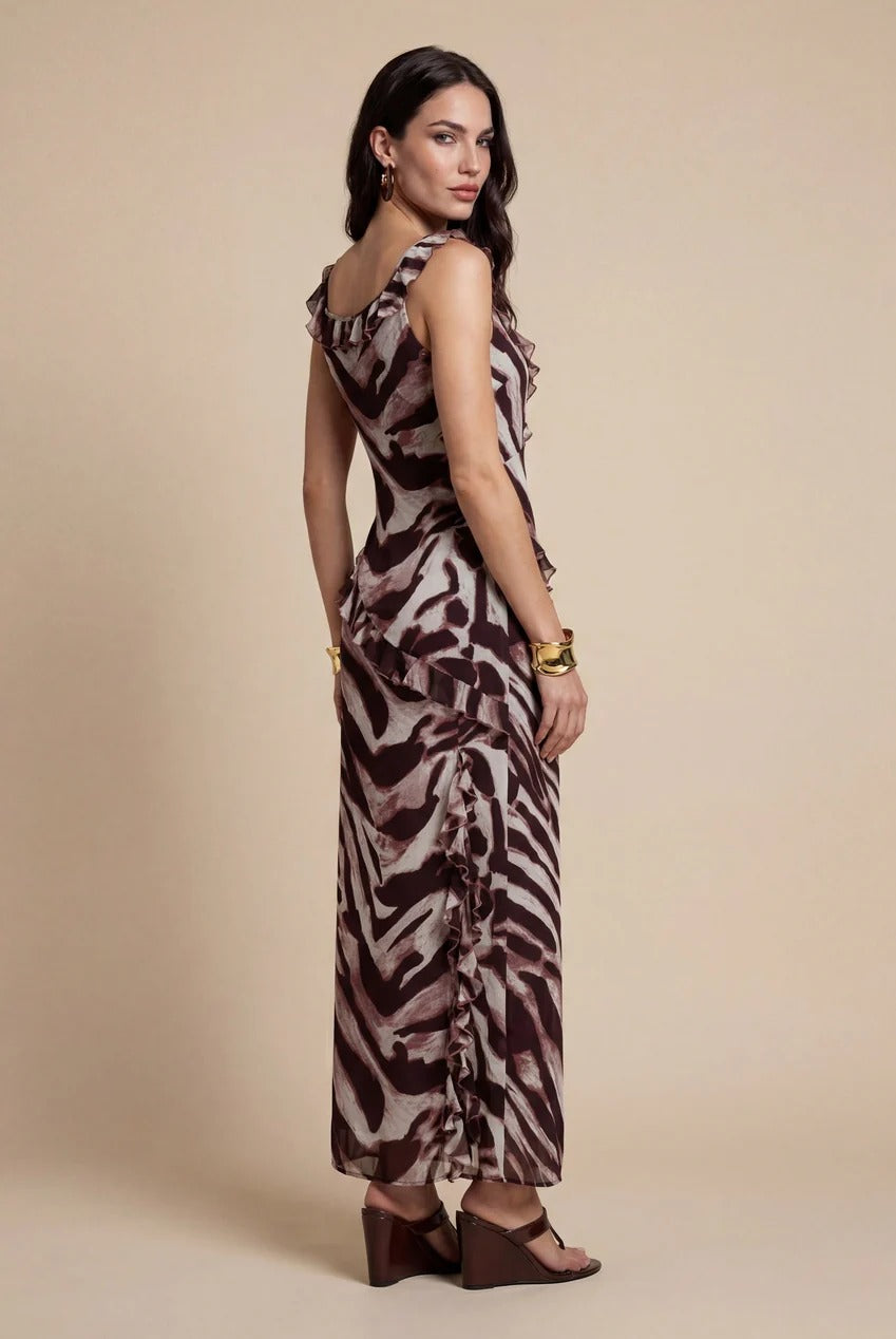 Animal Ruffle Maxi Dress Burgundy 40DRS38751-c67
