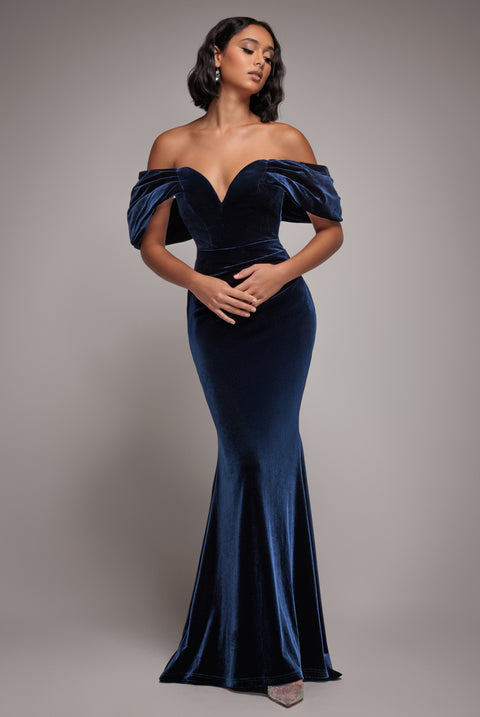 Off The Shoulder Deep Plunge Velvet Maxi Dress - Navy Blue by Goddiva