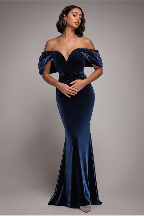 Off The Shoulder Deep Plunge Velvet Maxi Dress - Navy Blue by Goddiva