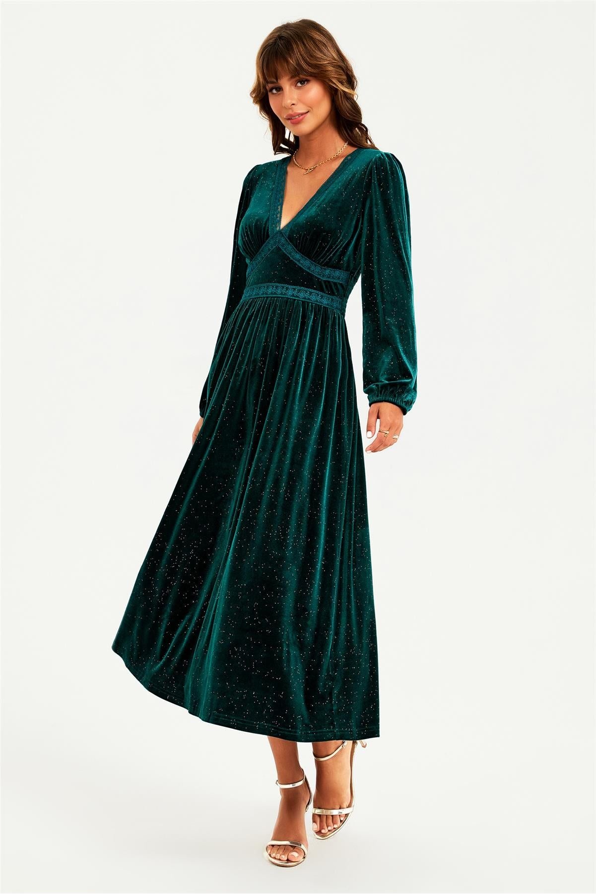 Silver Foil Velvet Lace Trim Neckline Midi Dress In Green | Goddiva Silver Foil Velvet Lace Trim Neckline Midi Dress In Green | Goddiva