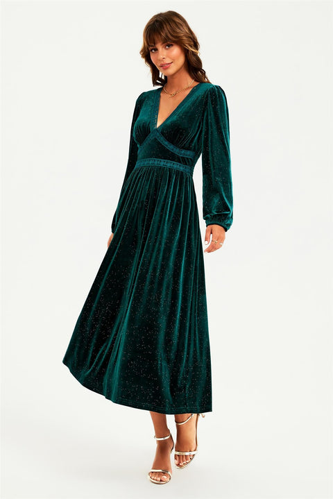 Silver Foil Velvet Lace Trim Neckline Midi Dress In Green by FS Collection