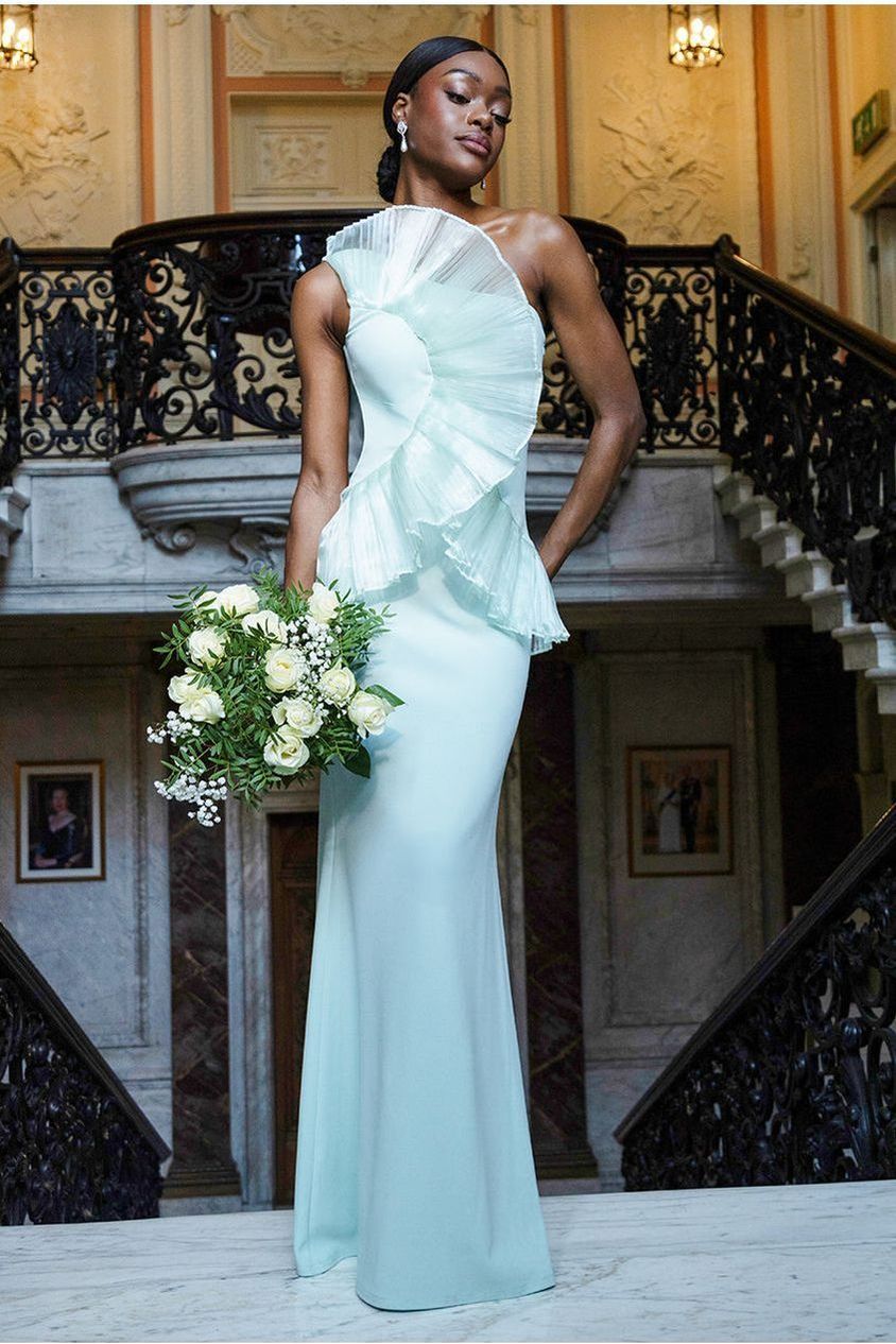 One Shoulder Pleated Fan Maxi Dress - Mint Green DR4075