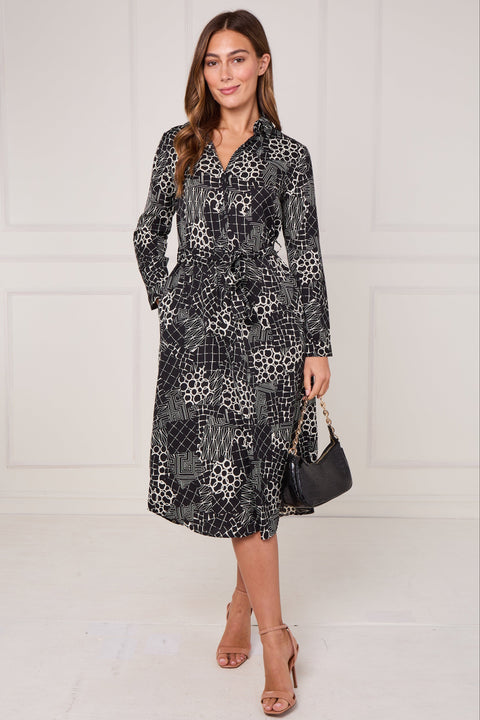 Black Modern Patchwork Geo Print Midi Shirt Dress by LOVE SUNSHINE