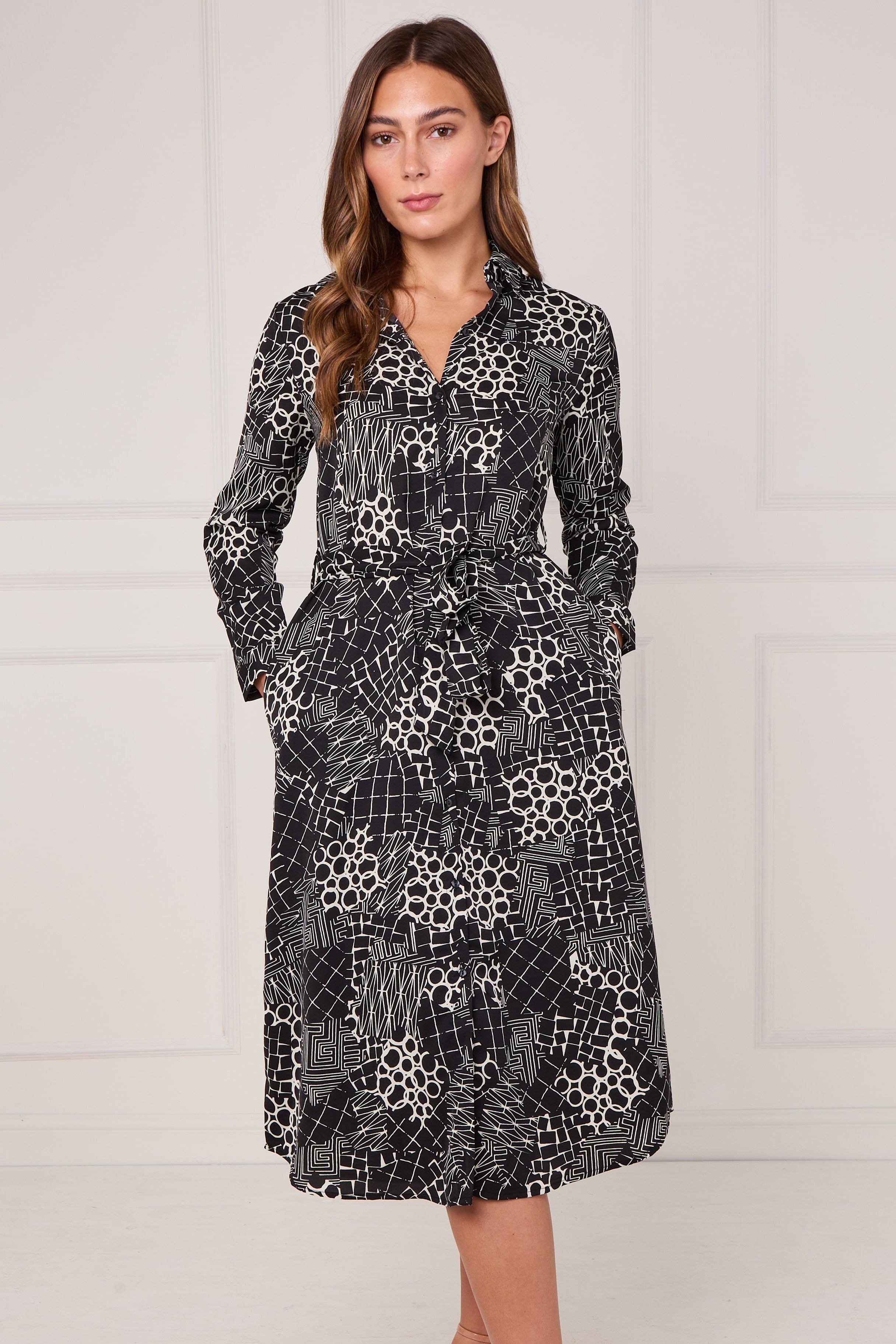 Black Modern Patchwork Geo Print Midi Shirt Dress LS-2156L-S58
