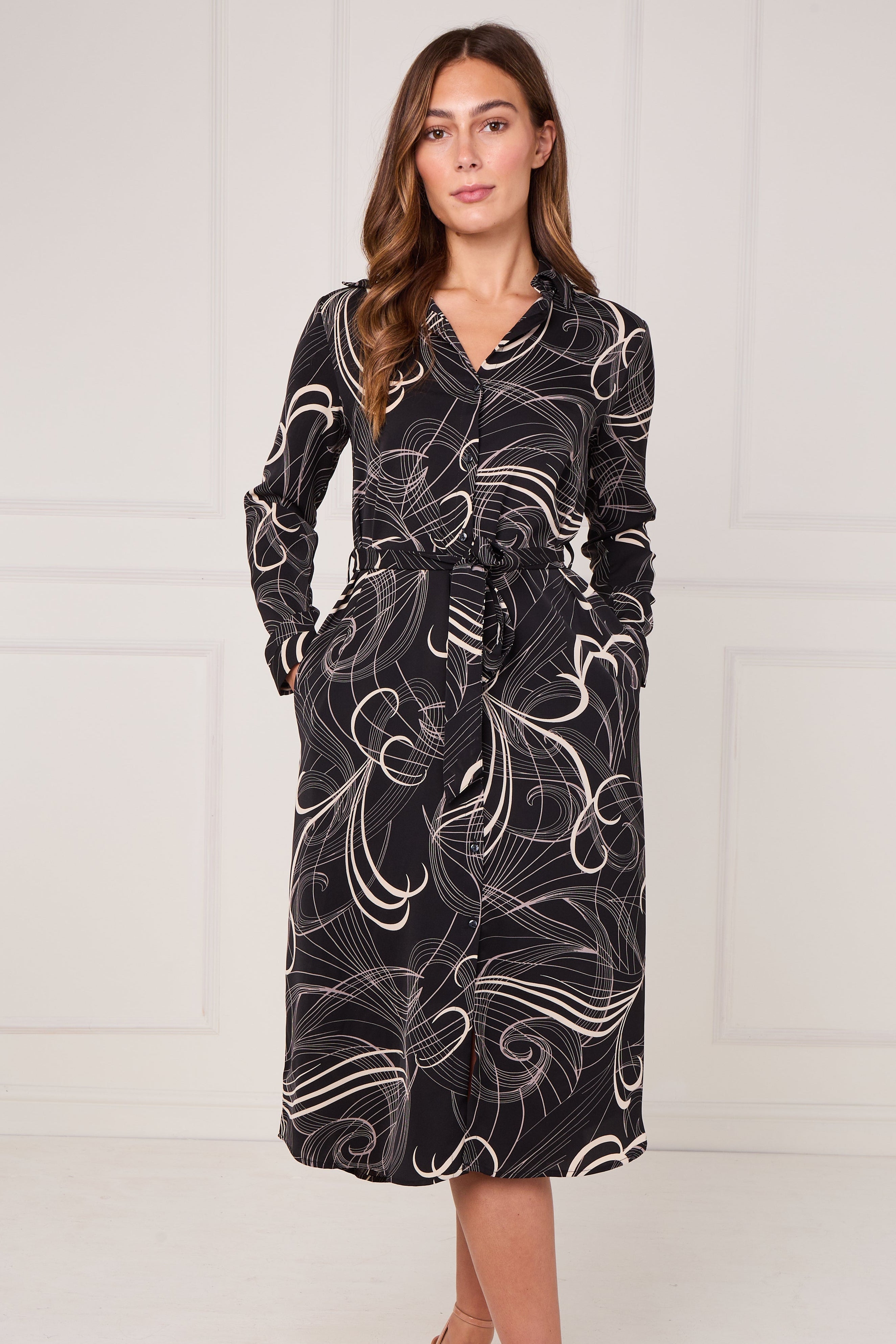 Black Abstract Swirl Print Midi Shirt Dress LS-2156L-S60