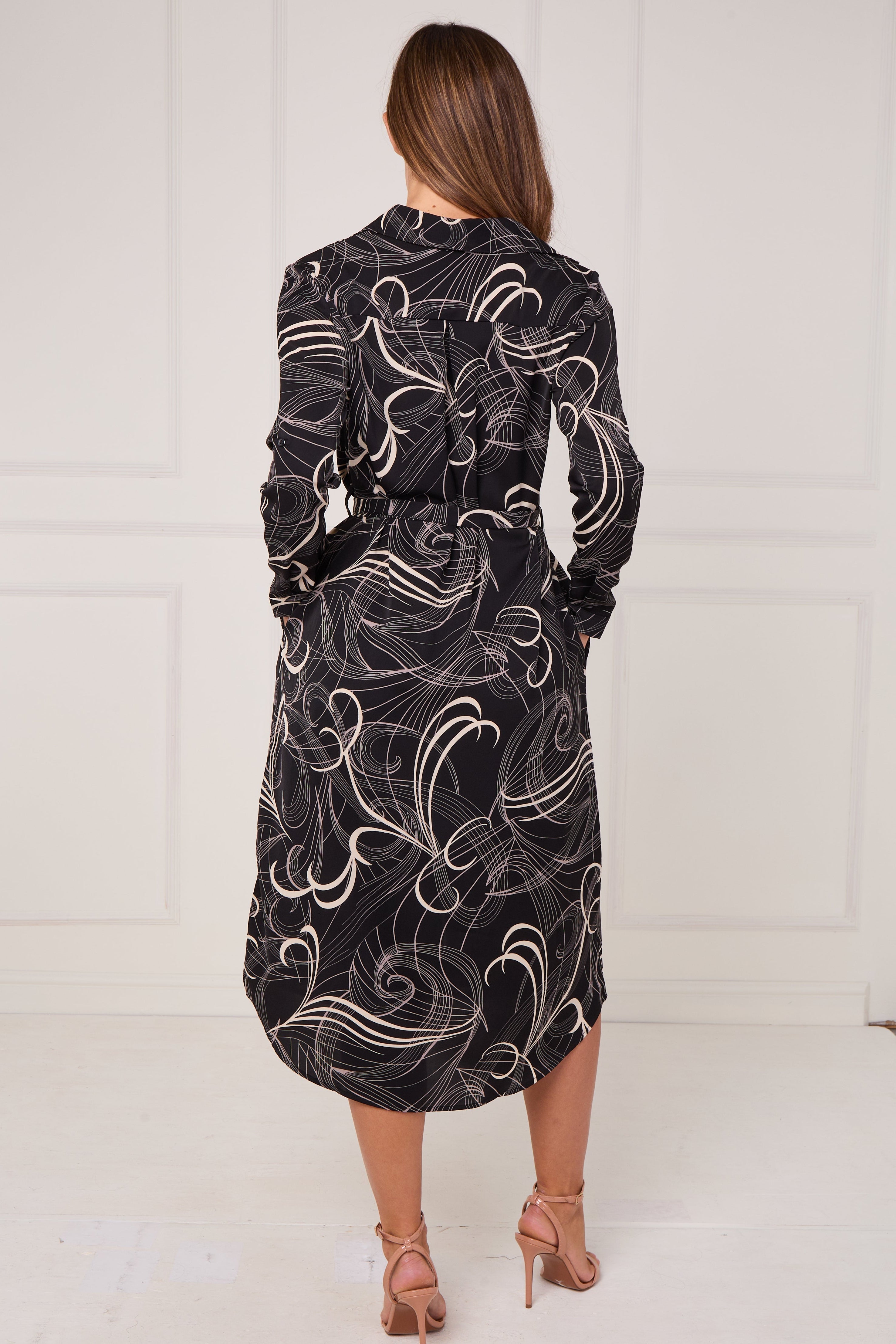 Black Abstract Swirl Print Midi Shirt Dress LS-2156L-S60