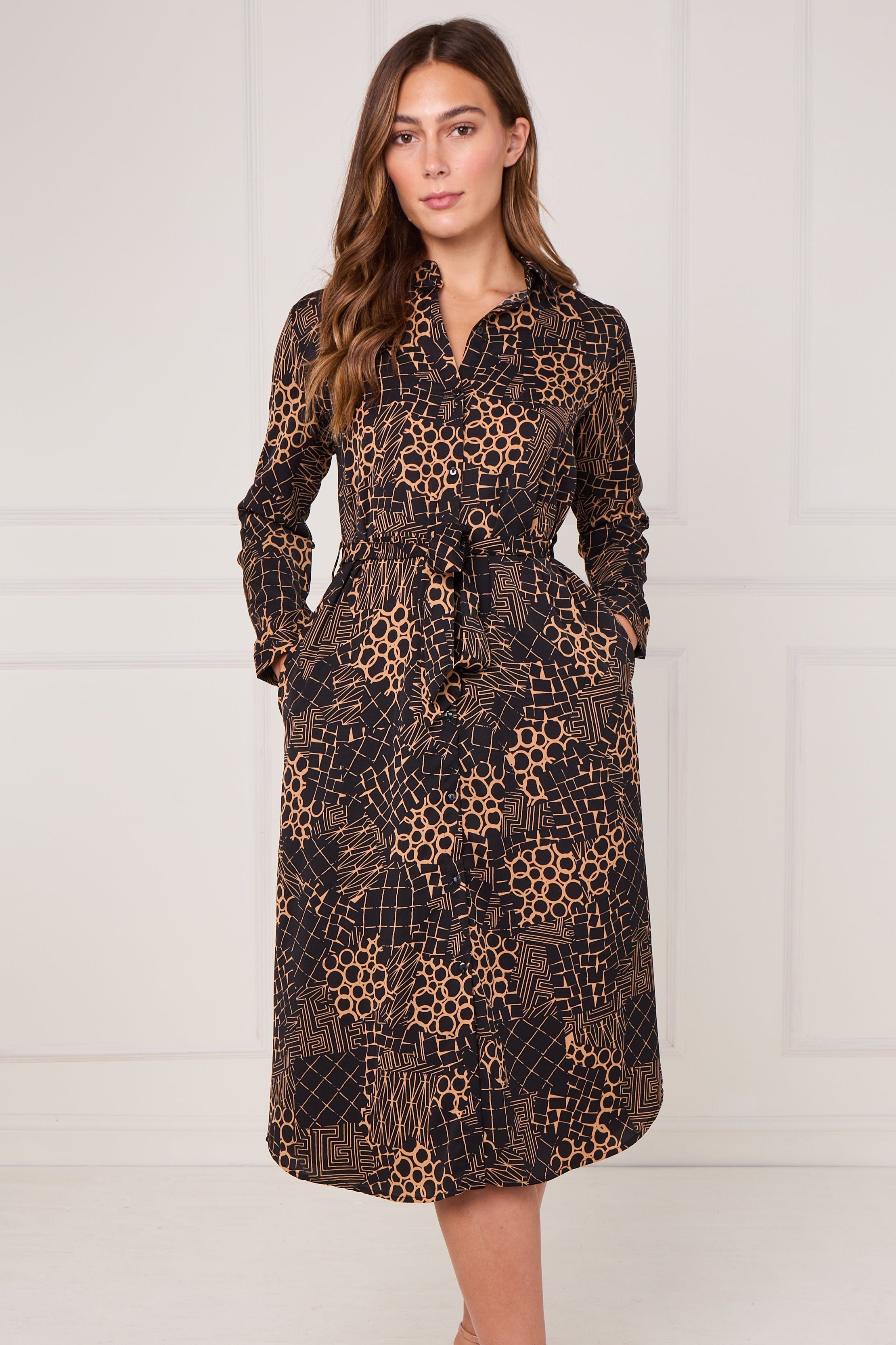 Caramel Modern Patchwork Geo Print Midi Shirt Dress LS-2156L-S59