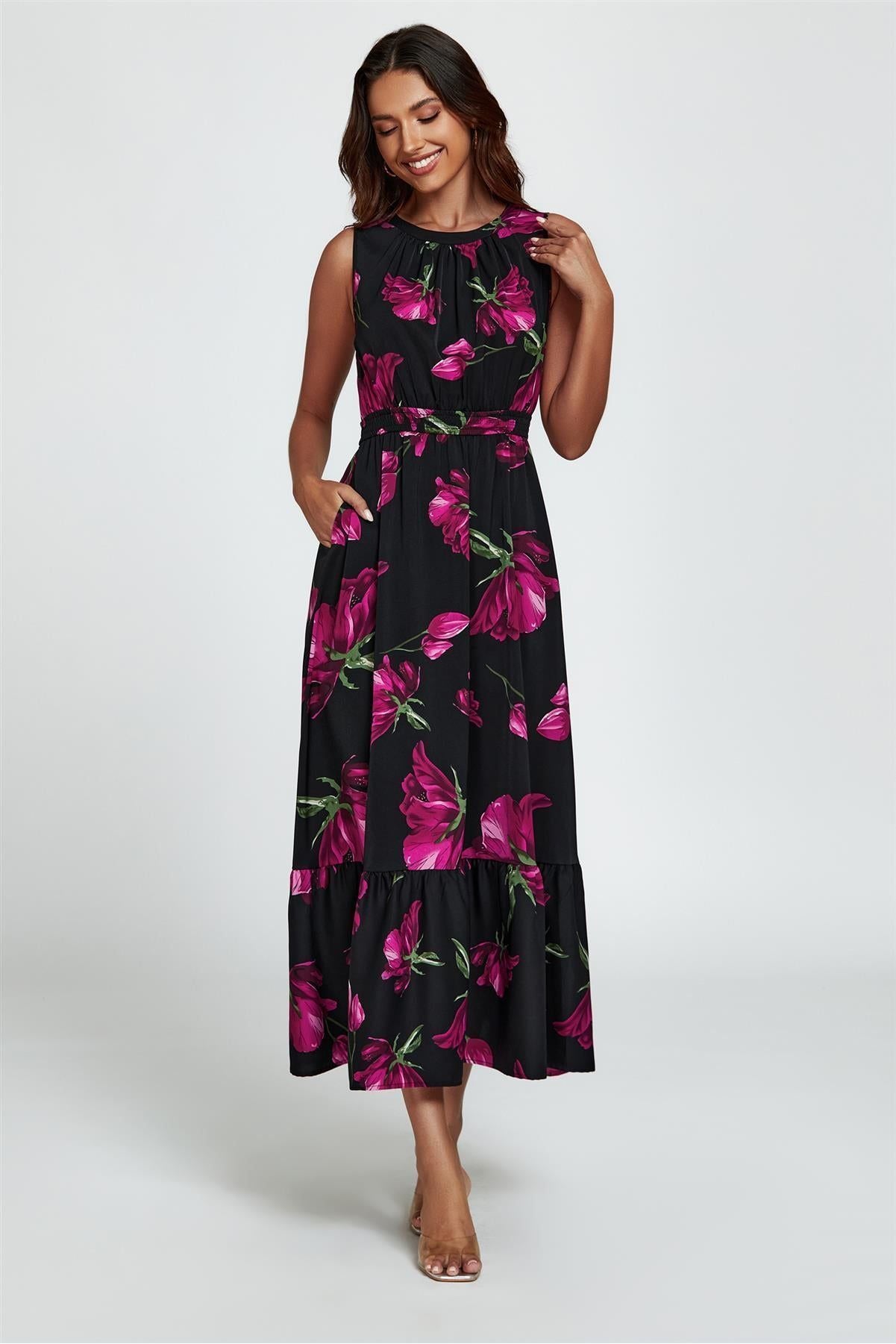 Floral Print Halterneck Maxi Dress In Black FS812-BM