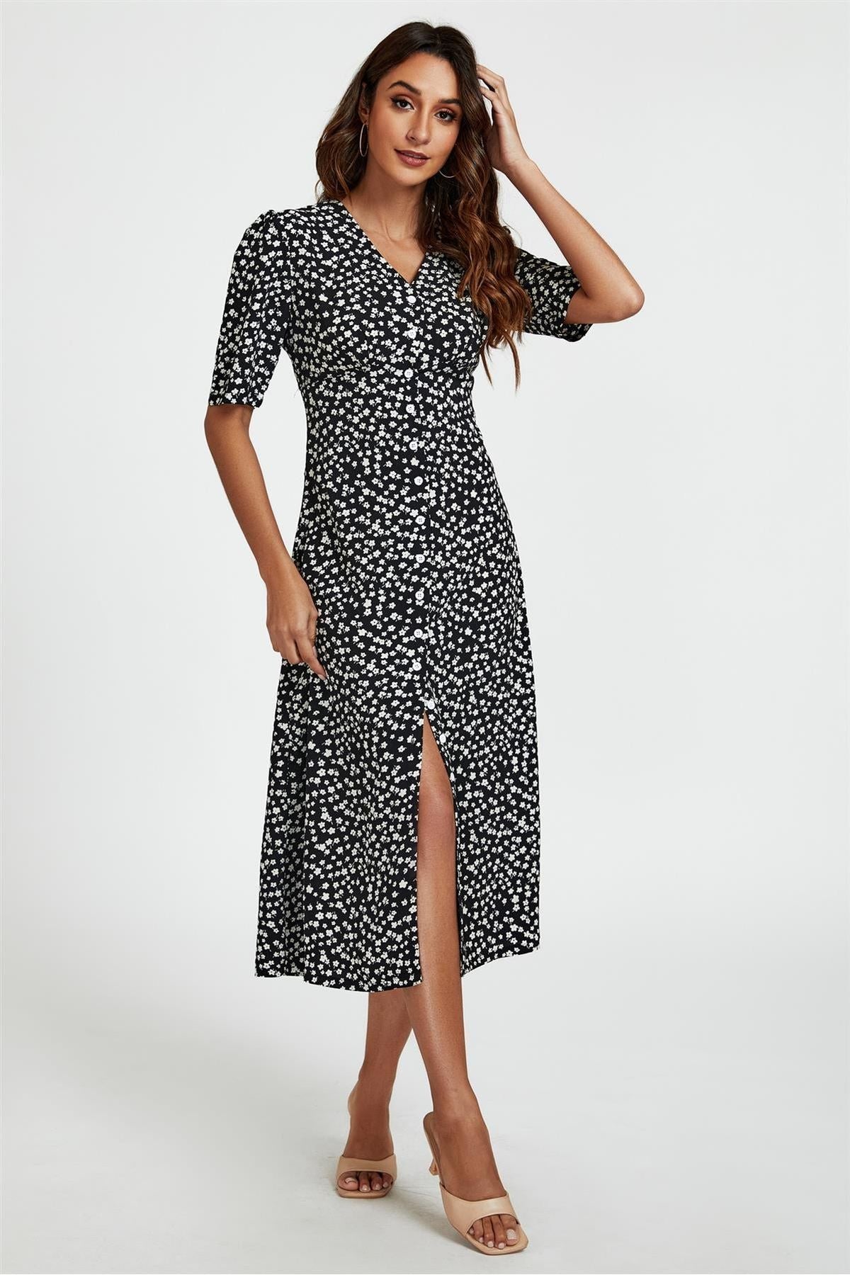 Little Floral Print Button Front Midi Dress In Black FS707-BlackFloral