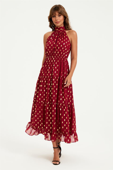 Gold Foil Halter Neck Tie Back Midi Dress In Wine by FS Collection
