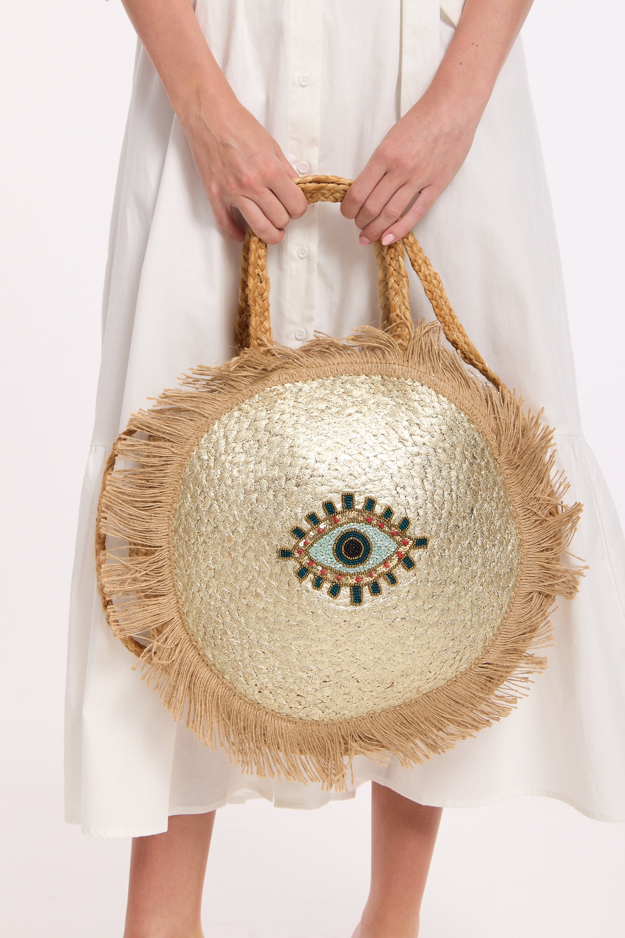 Evil Eye Sequin Round Fringe Jute Tote Bag LIQ8844050
