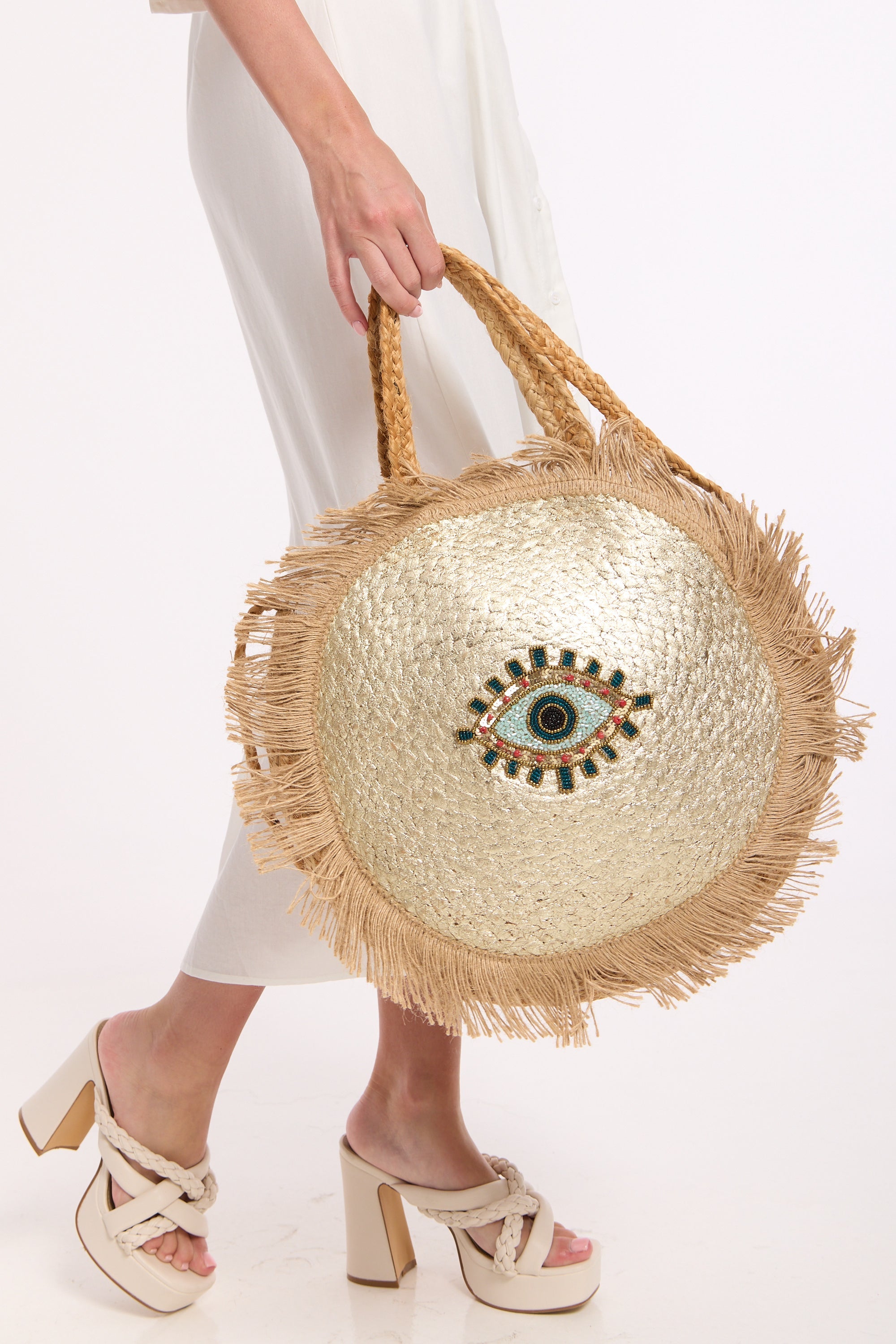 Evil Eye Sequin Round Fringe Jute Tote Bag LIQ8844050