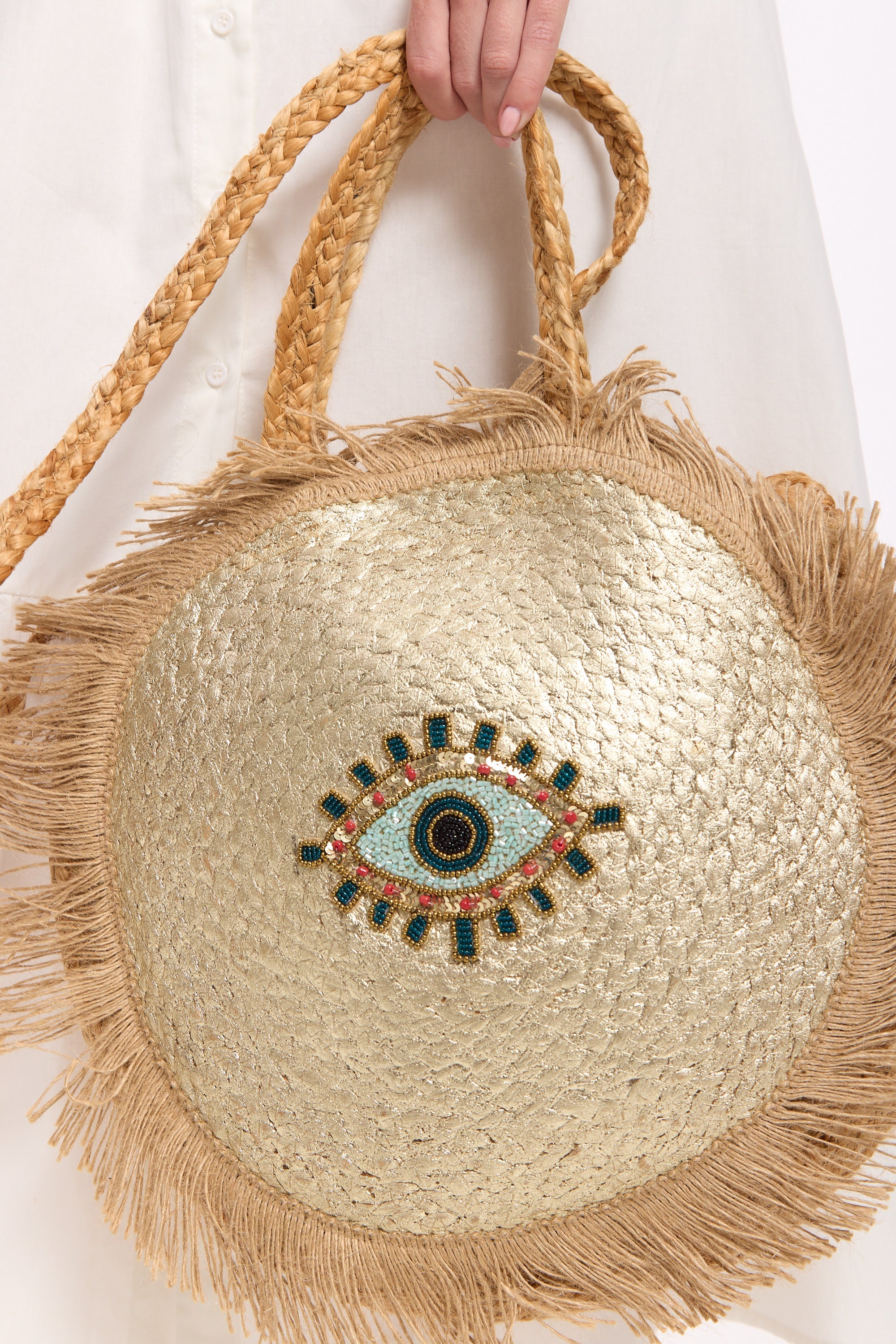 Evil Eye Sequin Round Fringe Jute Tote Bag LIQ8844050