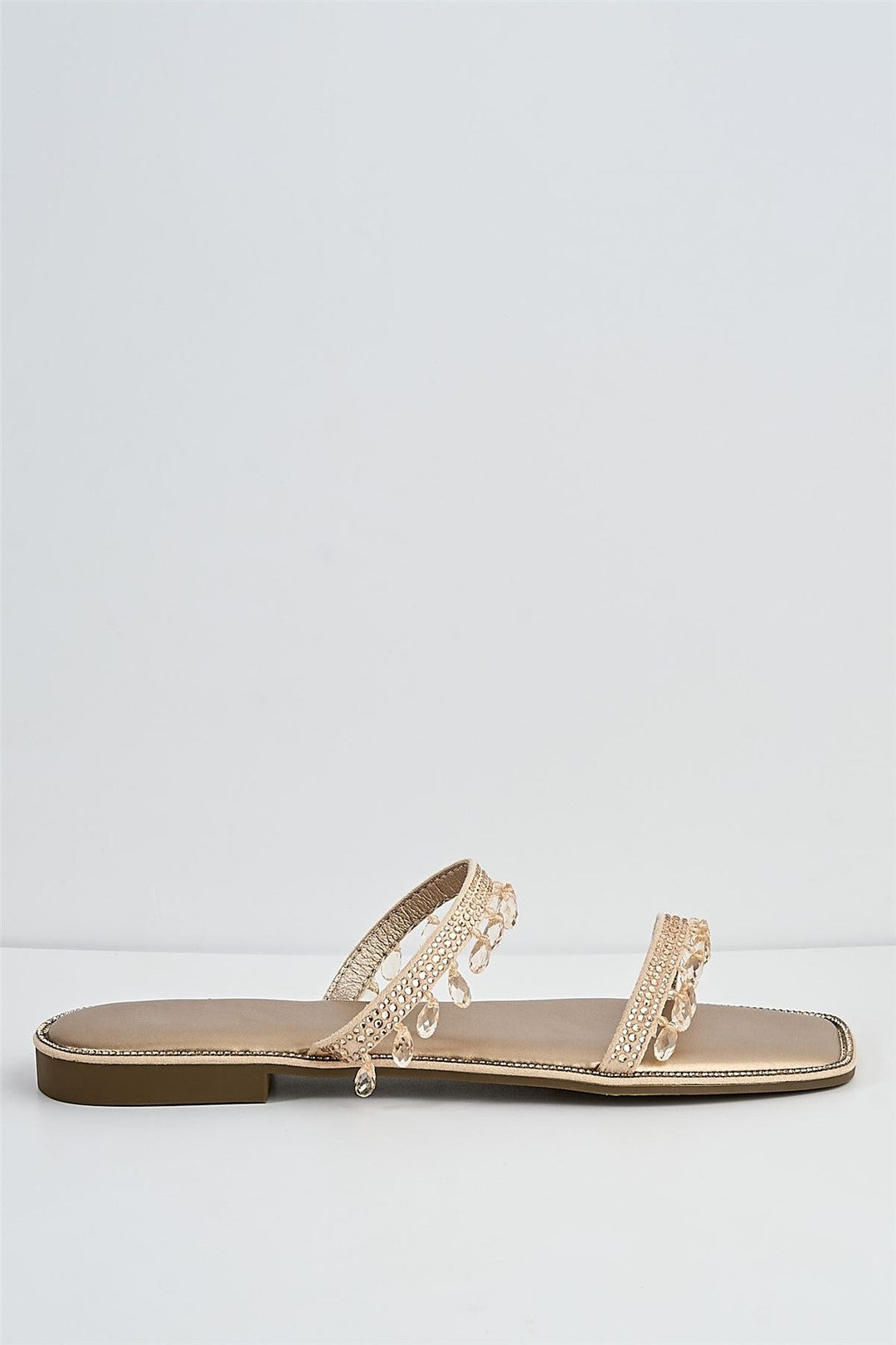Maddie 2 Band Gemstone Droplet Flat Sliders In Champagne 1008-CHAM