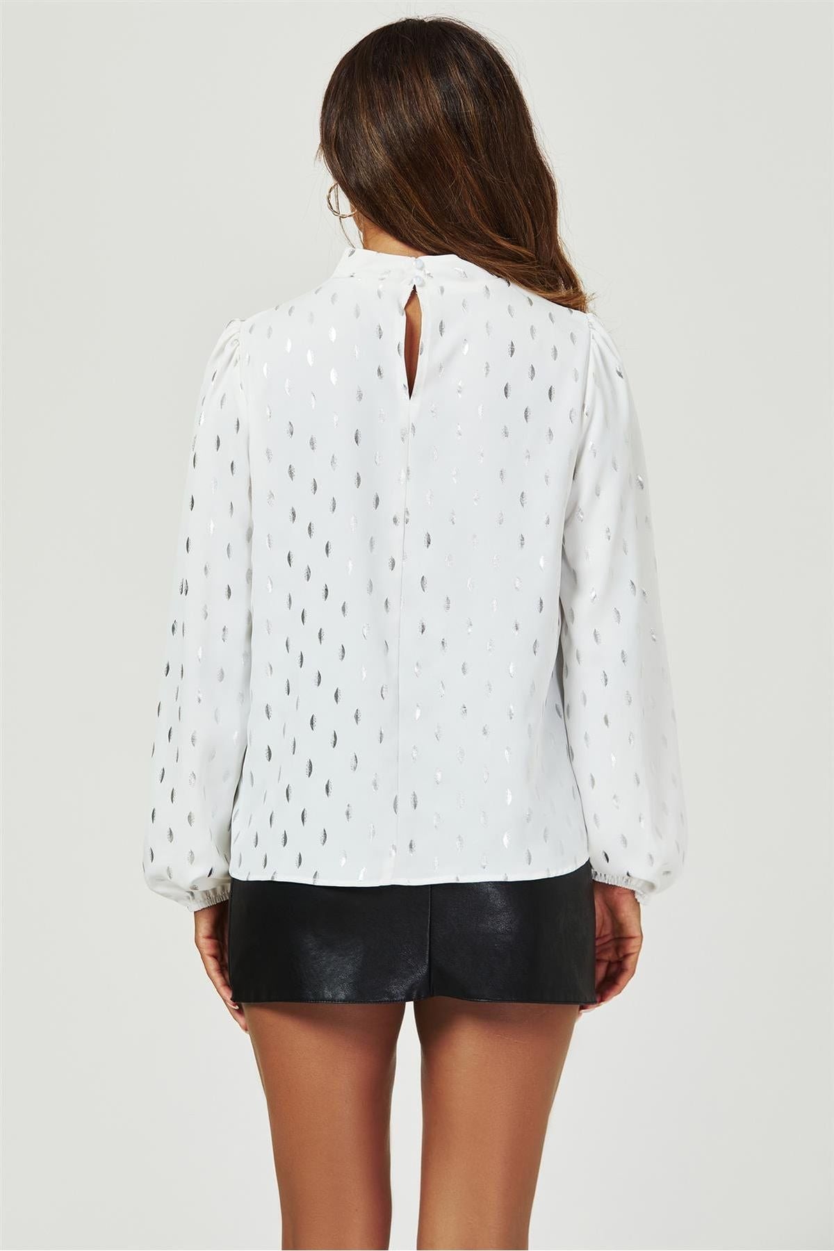 Silver Foil Long Sleeve High Neck Top In White FS628-WhiteFoil