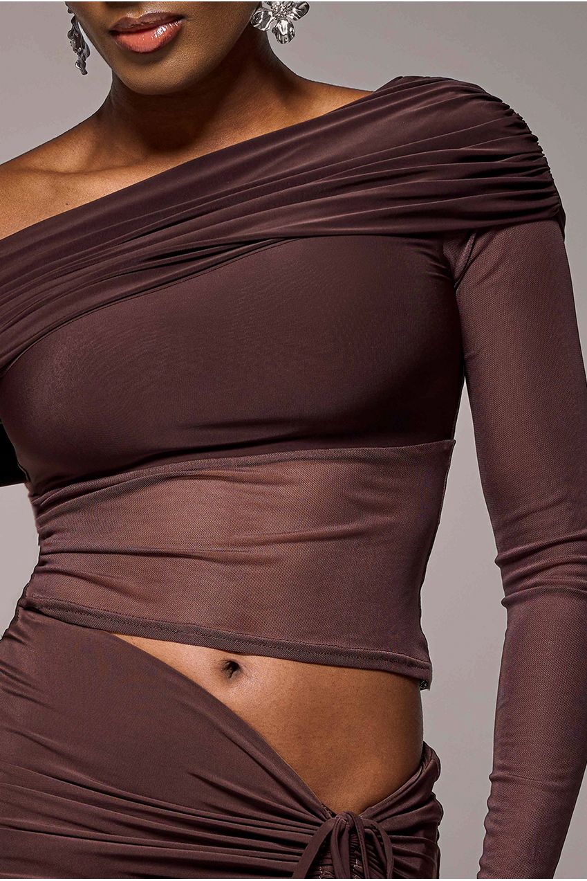 Gathered Bardot Asymmetric Mesh Panel Top - Brown T272