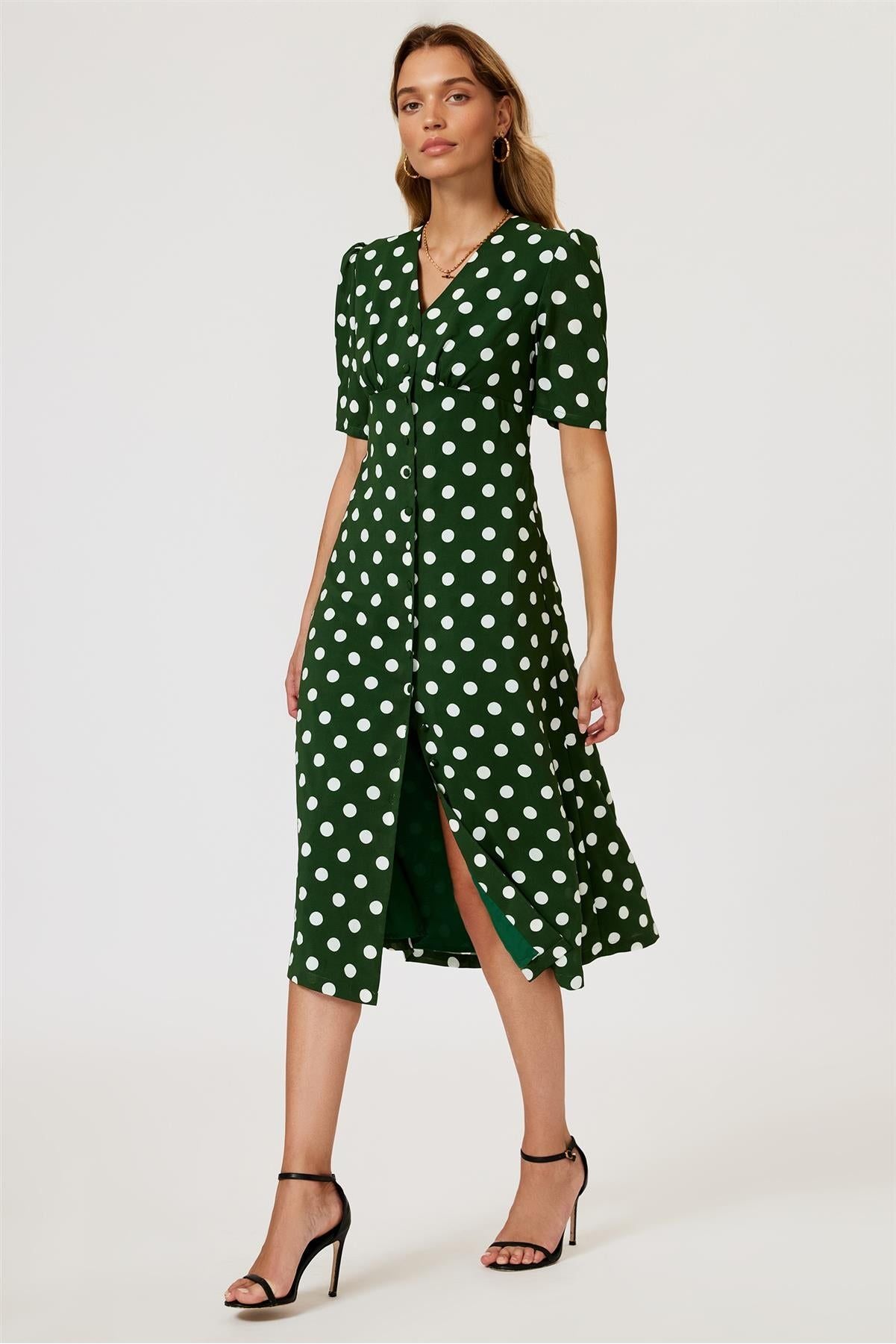 Polka Dot Print Button Front Midi Dress In Green FS884