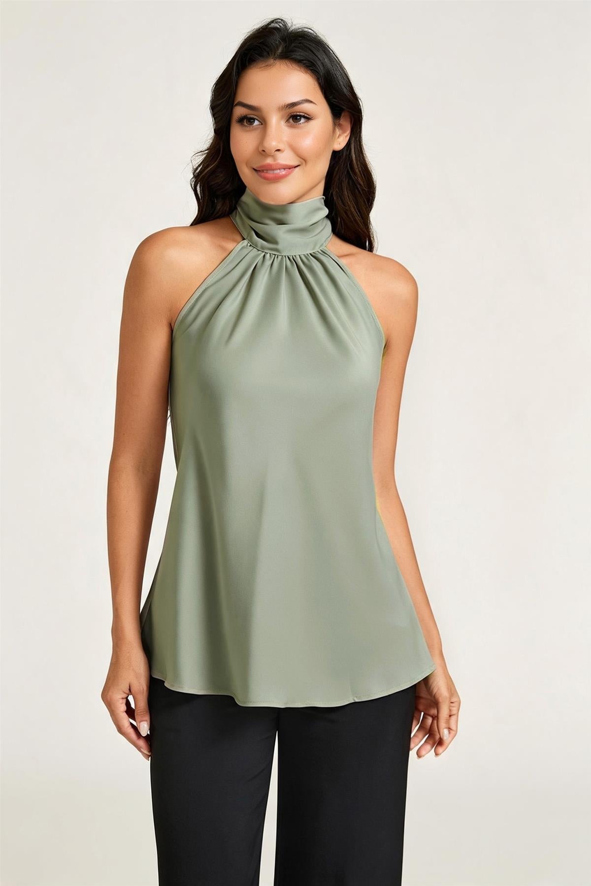 Satin Halter Neck Tie Back Top In Dusty Sage FS21180