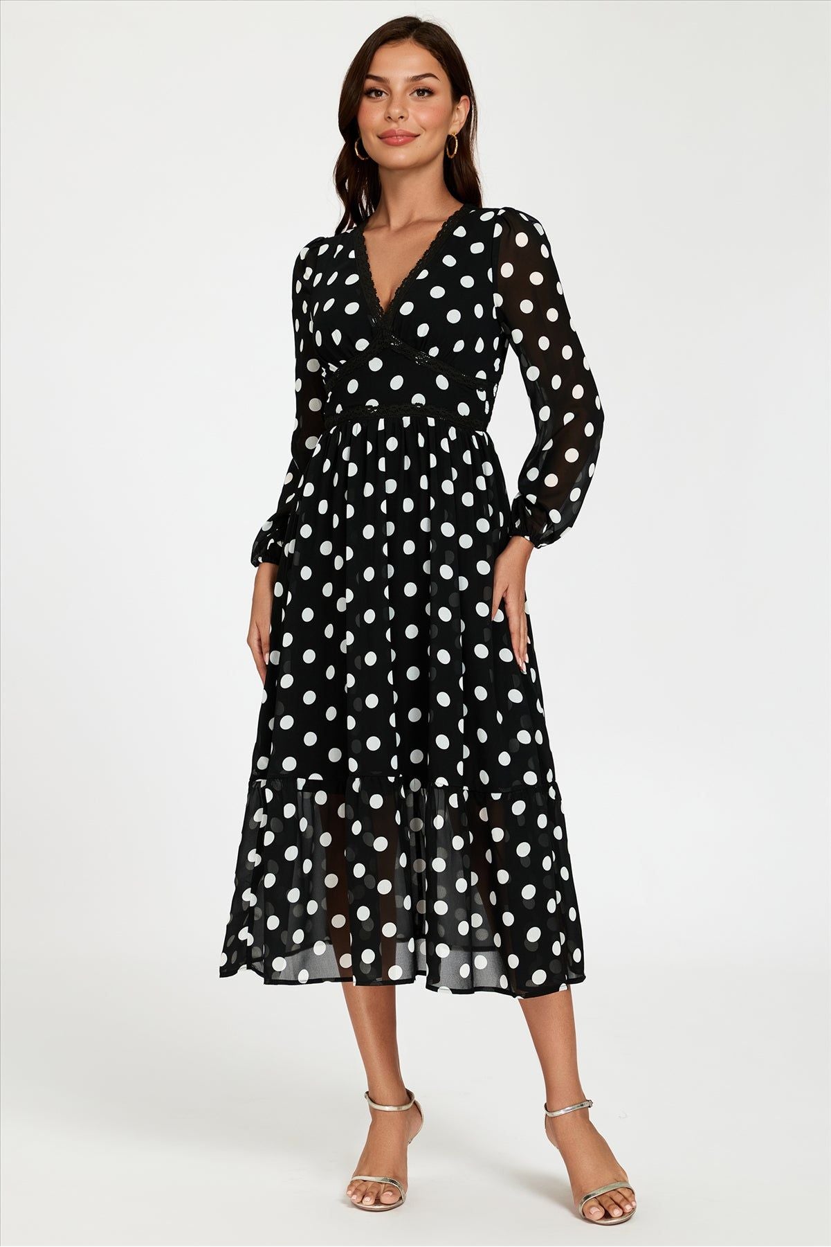 Dot Print Lace Trim Long Sleeve Maxi Dress In Black FS565-BWP