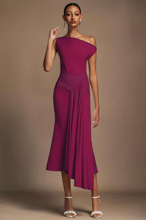 Paulina Oblique Shoulder Sleeveless Folds Midi Dress by Bella Barnett