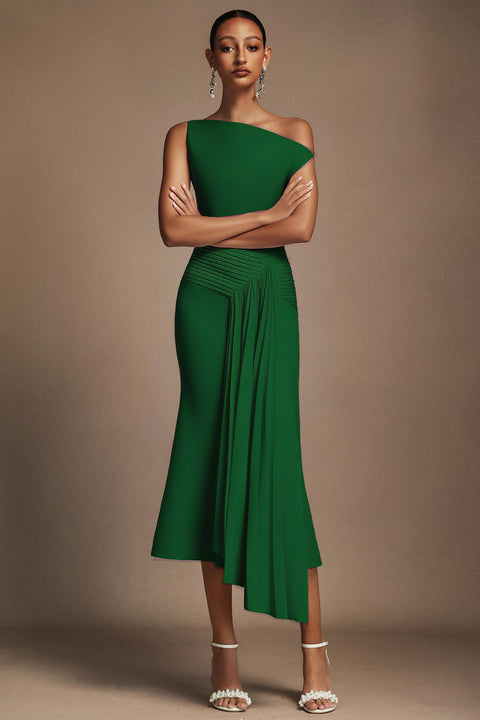 Paulina Oblique Shoulder Sleeveless Folds Midi Dress by Bella Barnett