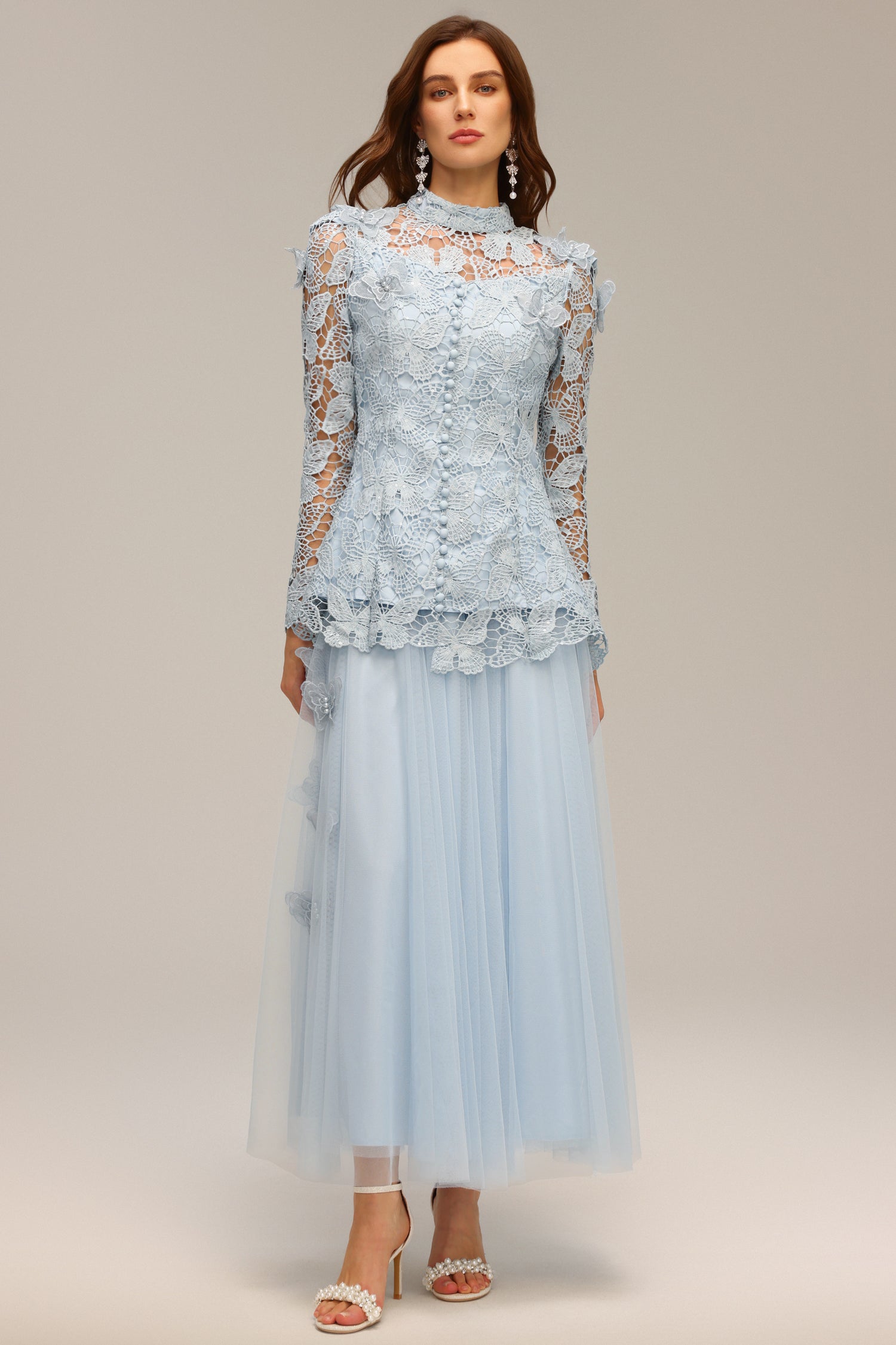 Sabina Long Sleeve Folds Lace Butterfly Top And Skirt Two-Piece Set C250300235
