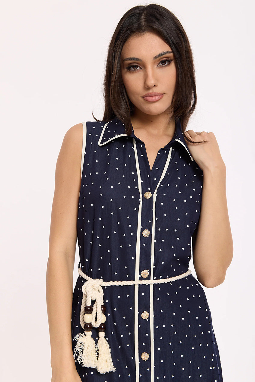 Navy Polka Dot Button Maxi Dress LQ78003N009