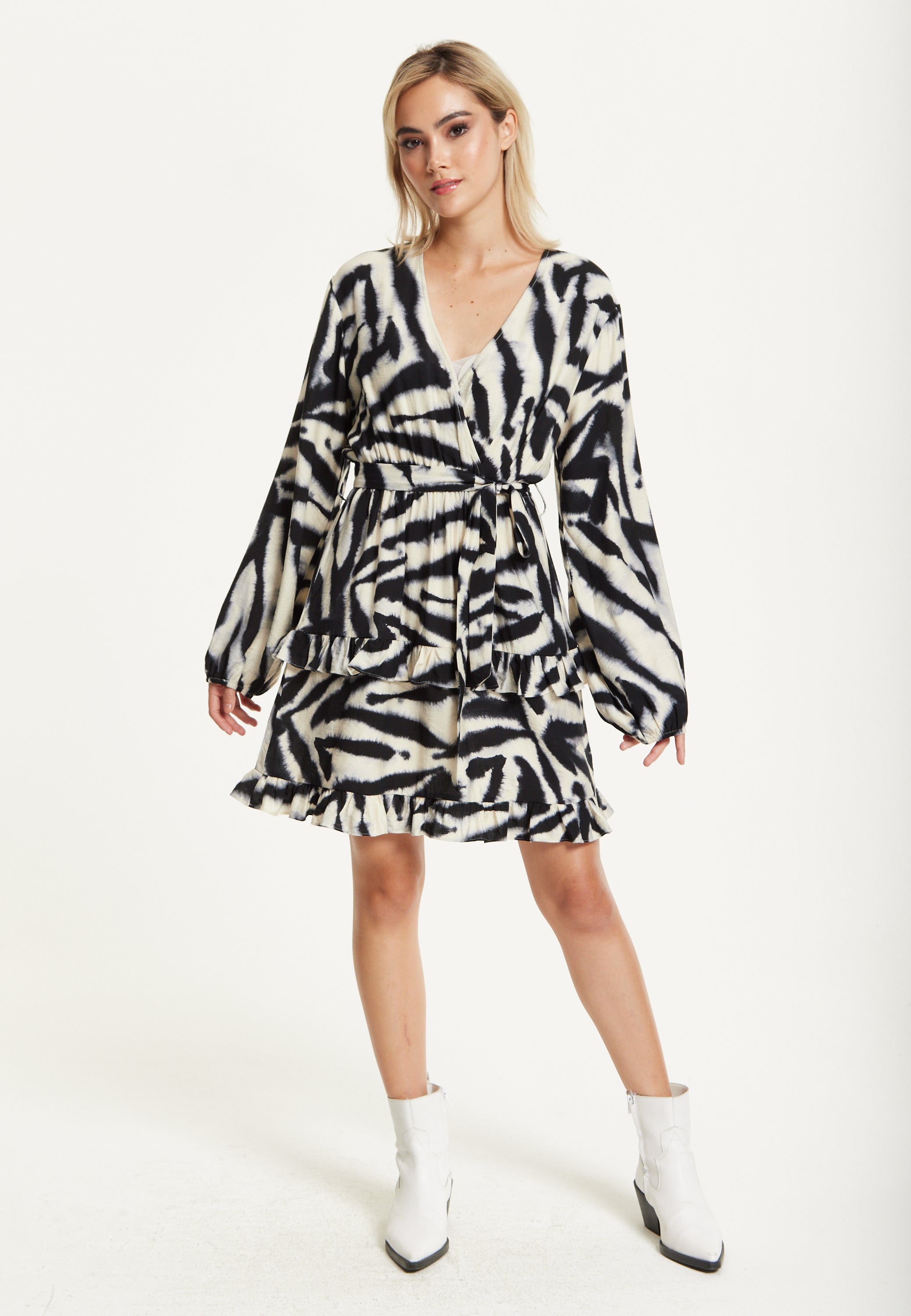 Black Cream Zebra Print Wrap Dress TD25548B037