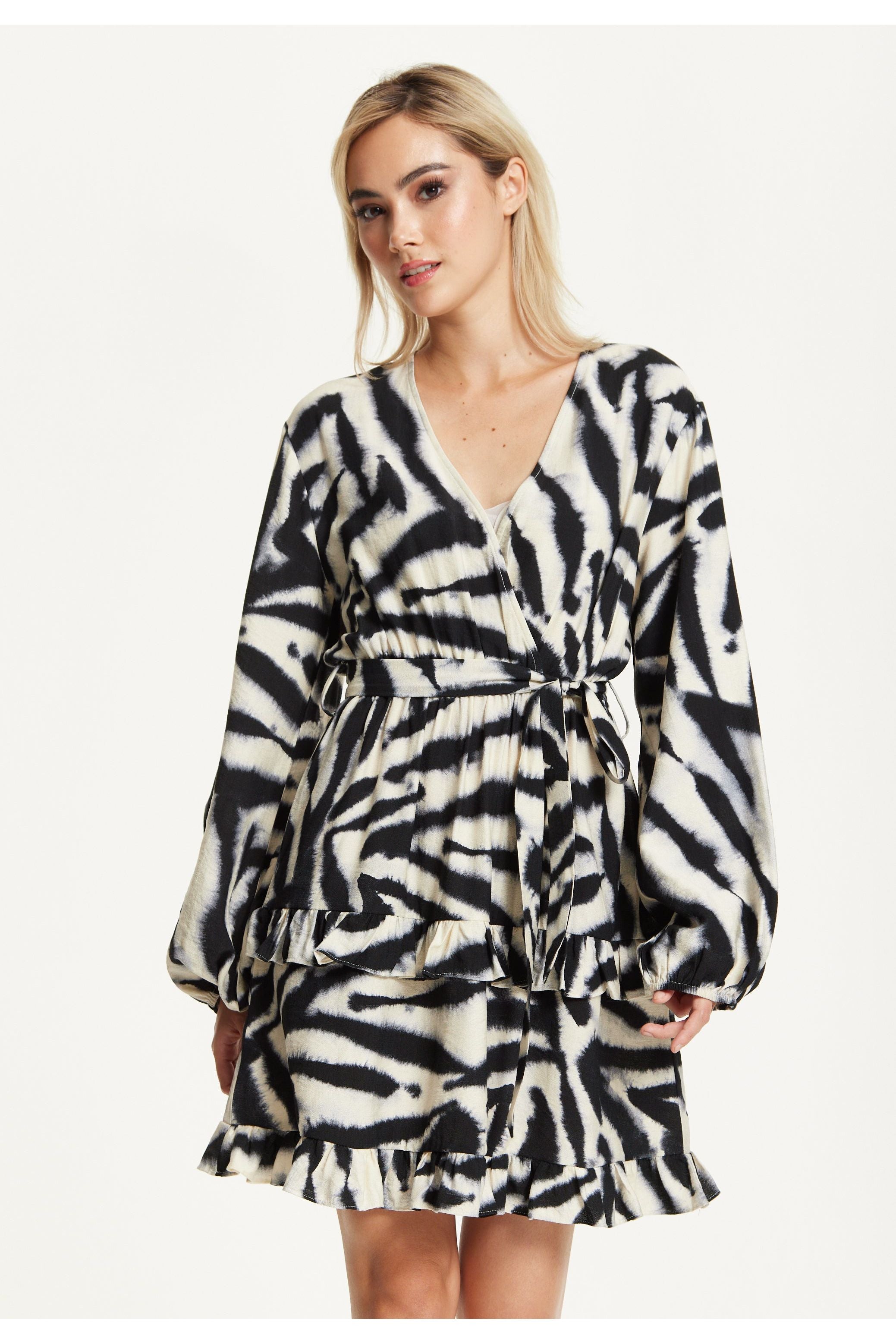 Black Cream Zebra Print Wrap Dress TD25548B037