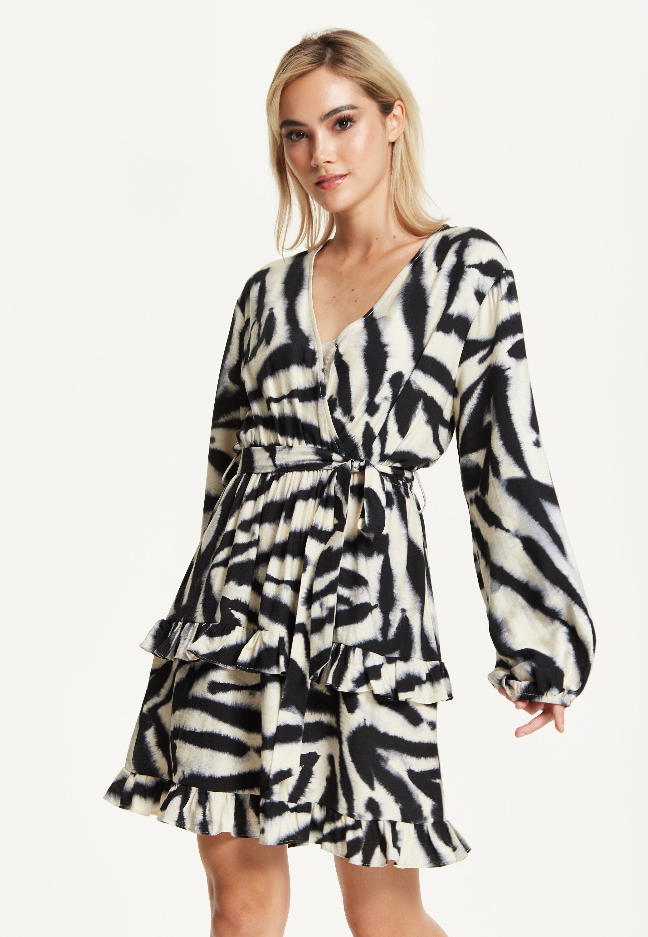 Black Cream Zebra Print Wrap Dress TD25548B037