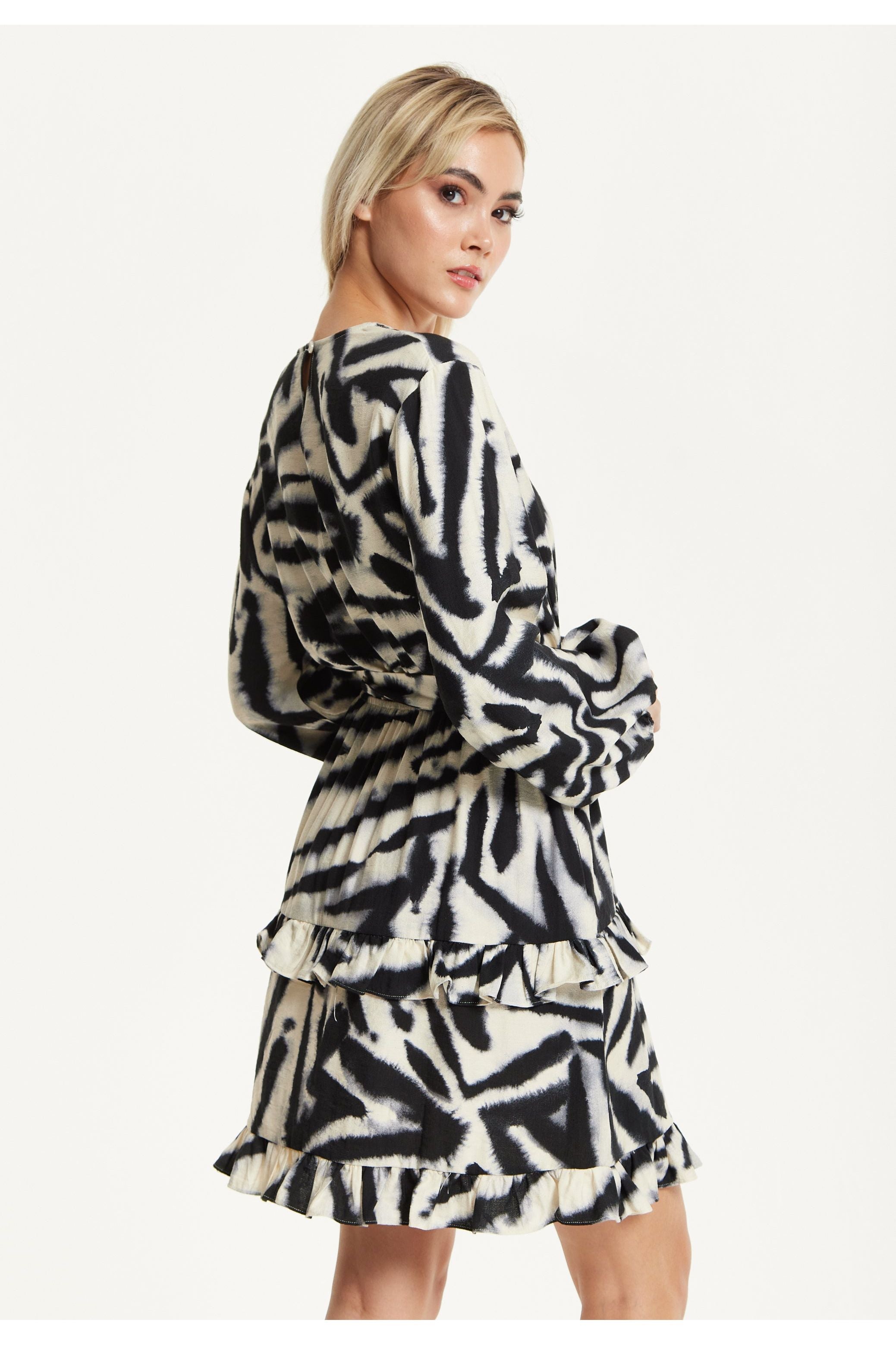 Black Cream Zebra Print Wrap Dress TD25548B037