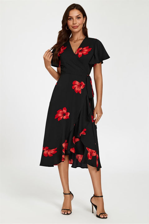 Floral Print Angel Sleeve Wrap Dress In Black by FS Collection