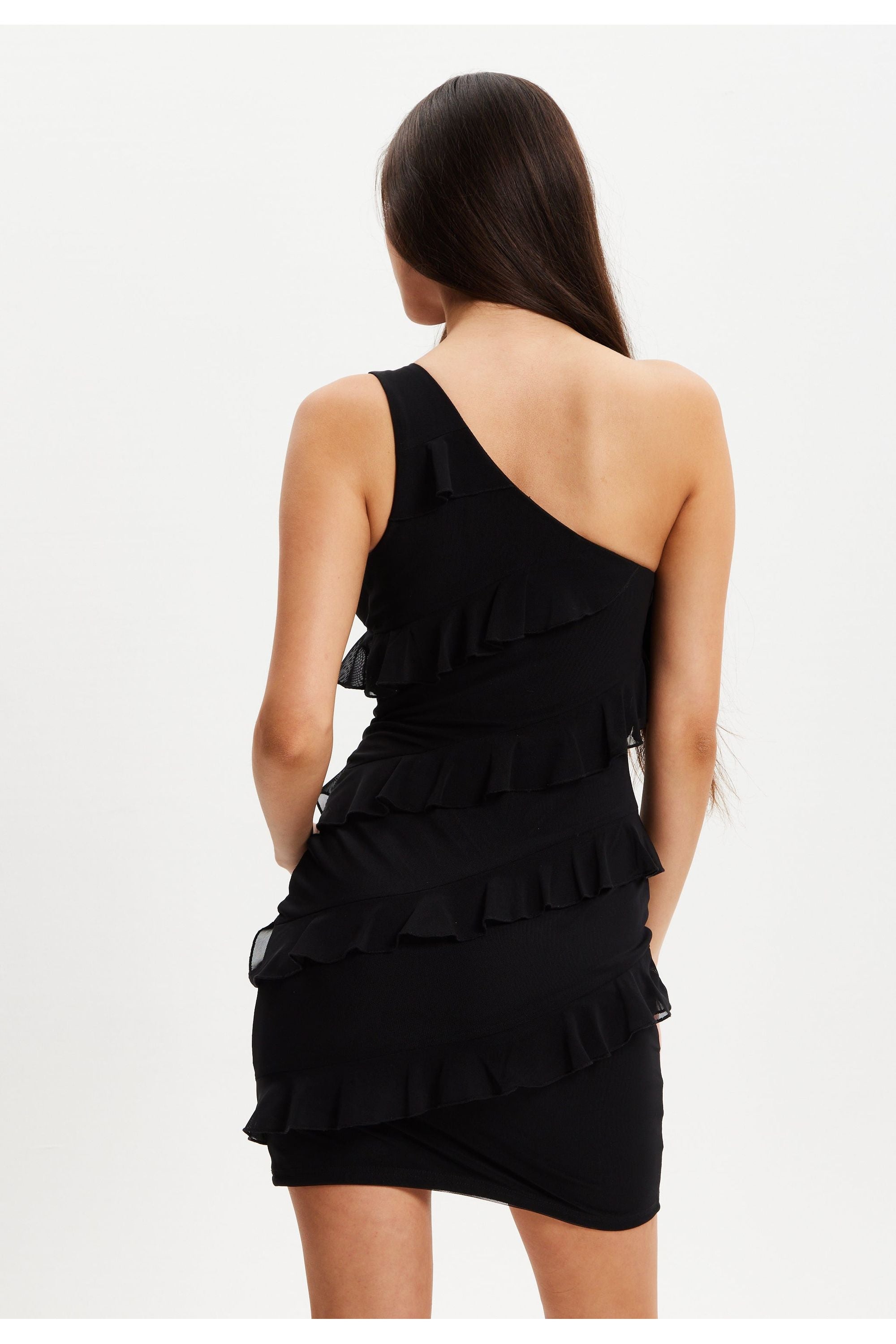 Diagonal Ruffle One Shoulder Mini Dress In Black DML027001