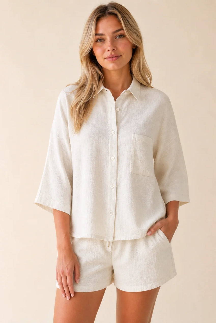 White Textured Linen Look Elasticated Waist Shorts Co-Ord AV-IMD2911SH