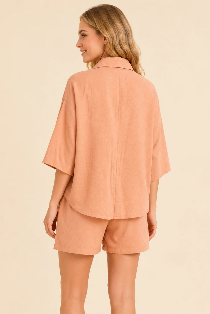 Peach Textured Linen Look Oversized Shirt Co-Ord AV-1289