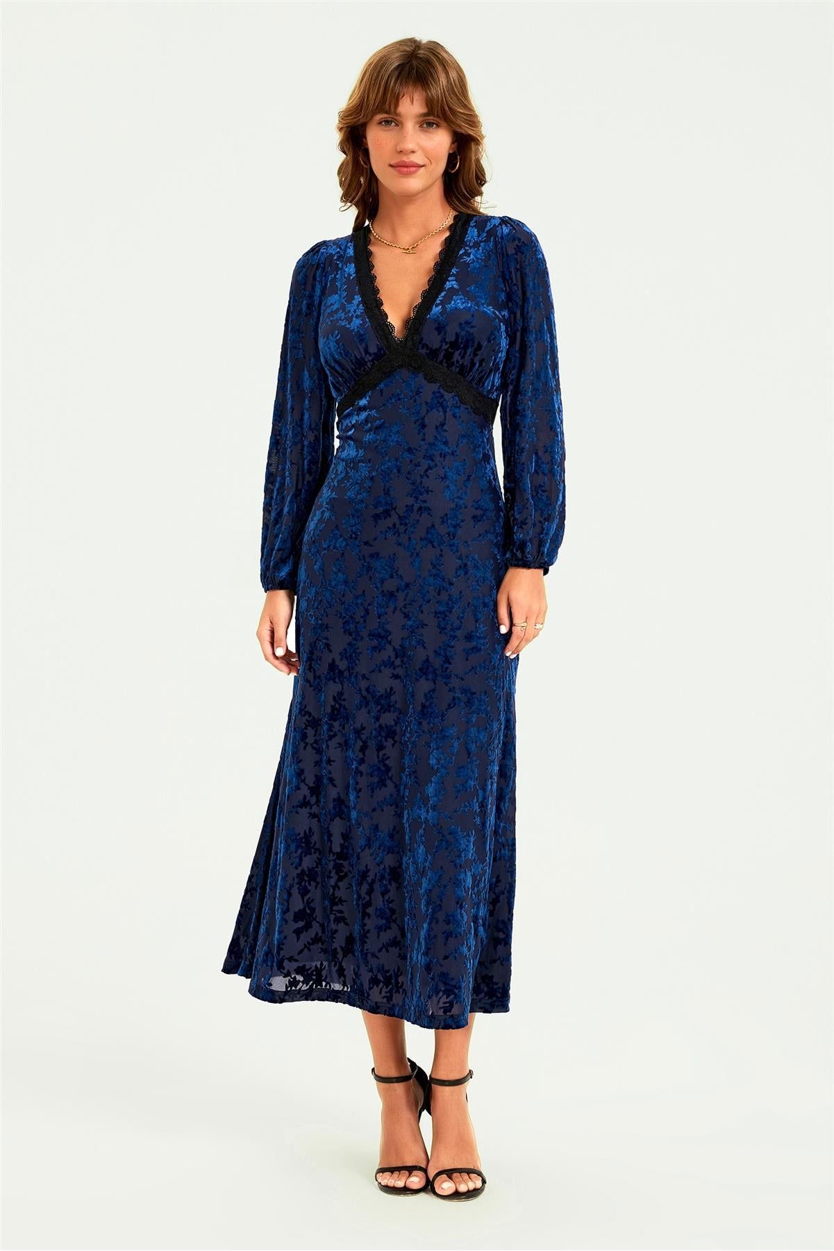Floral Velvet Devore Lace Trim Neckline Midi Dress In Navy FS903-NVF