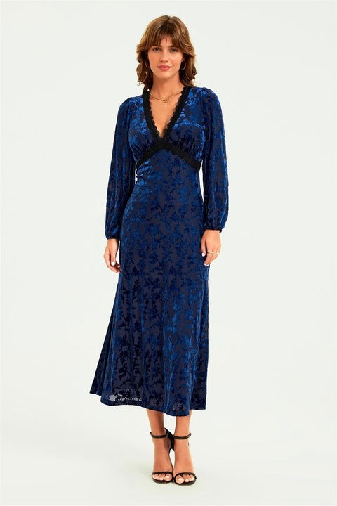 Floral Velvet Devore Lace Trim Neckline Midi Dress In Navy by FS Collection