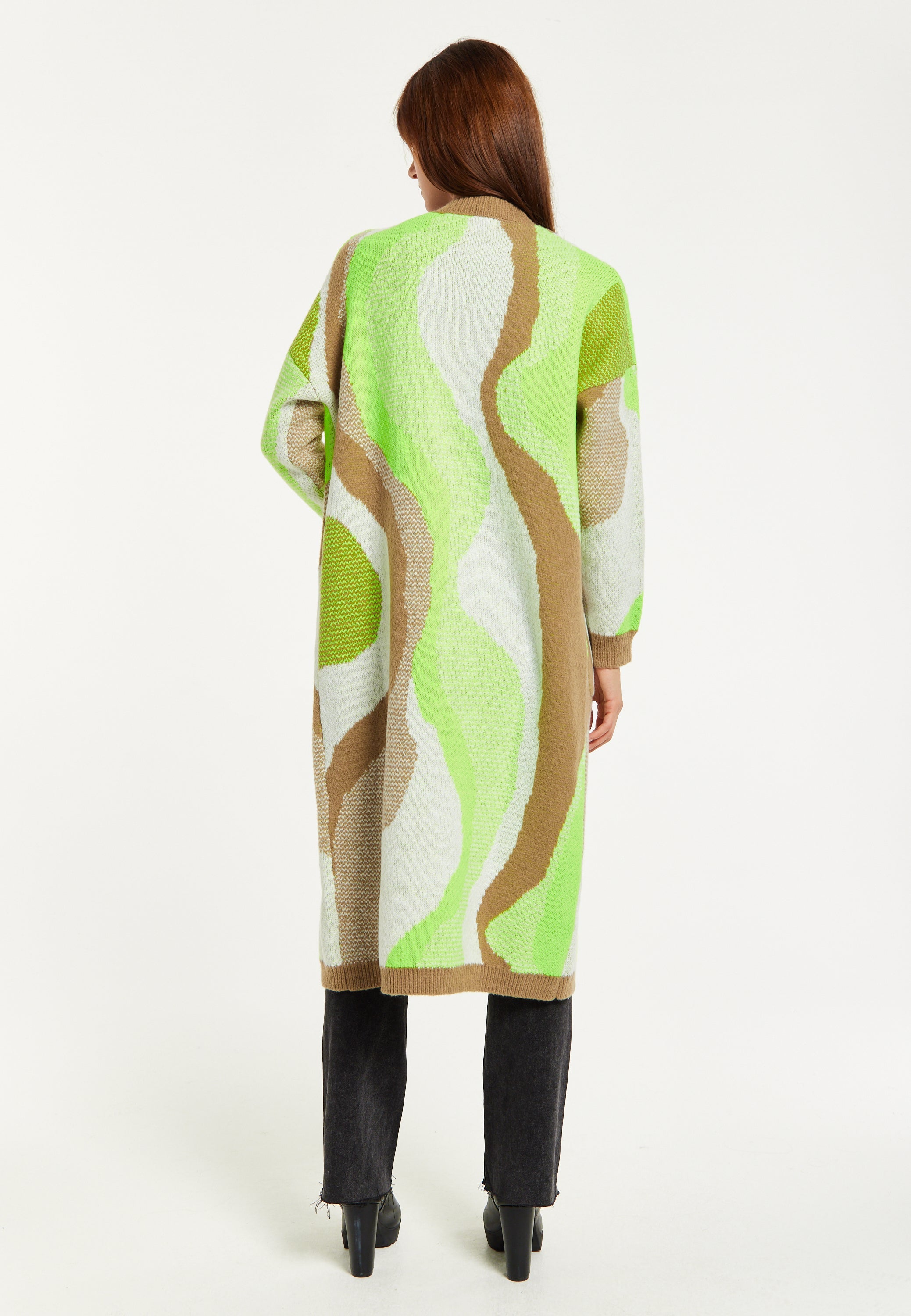 Longline Cardigan In Brown, Green & White D1-LS002013