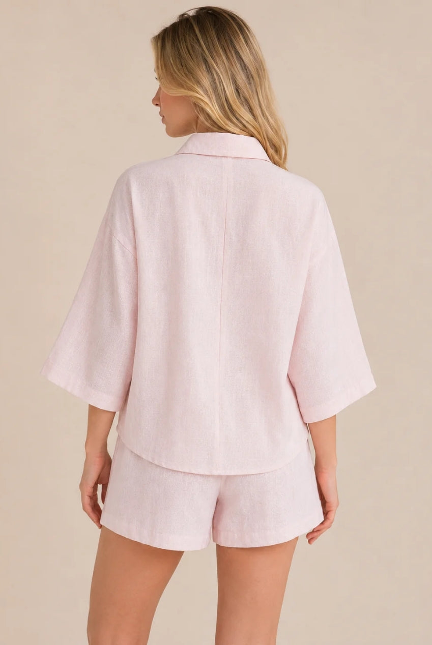 Pink Textured Linen Look Elasticated Waist Shorts Co-Ord AV-IMD2912SH